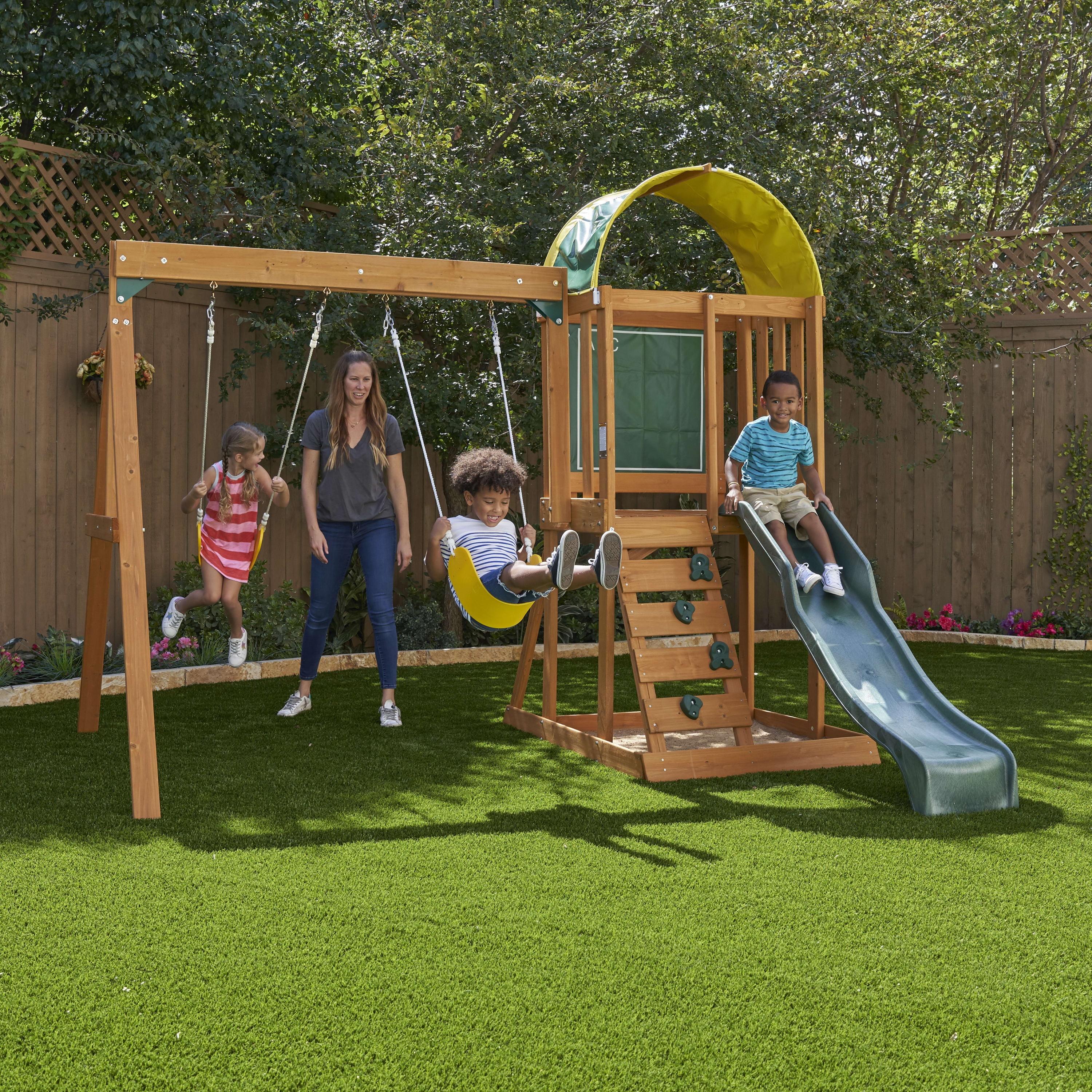 Ainsley Wooden Outdoor Swing Set with Slide and Rock Wall