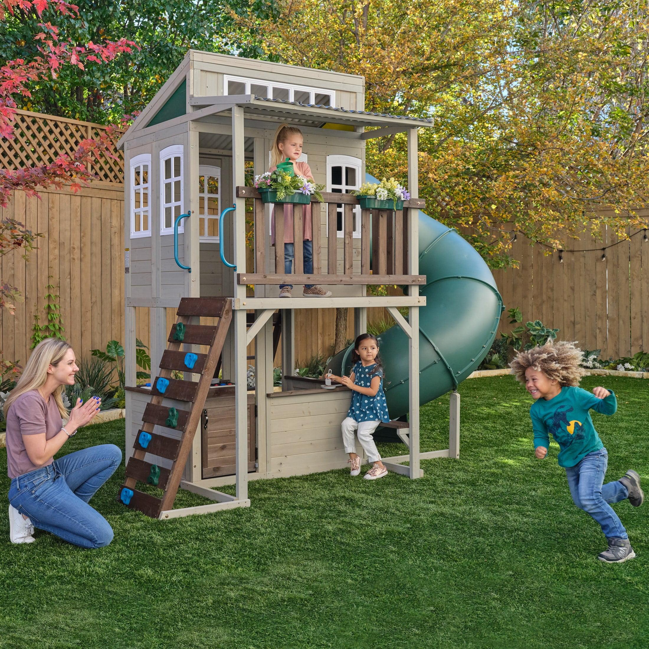 Cozy Escape Two-Story Wooden Playhouse with Slide and Kitchen