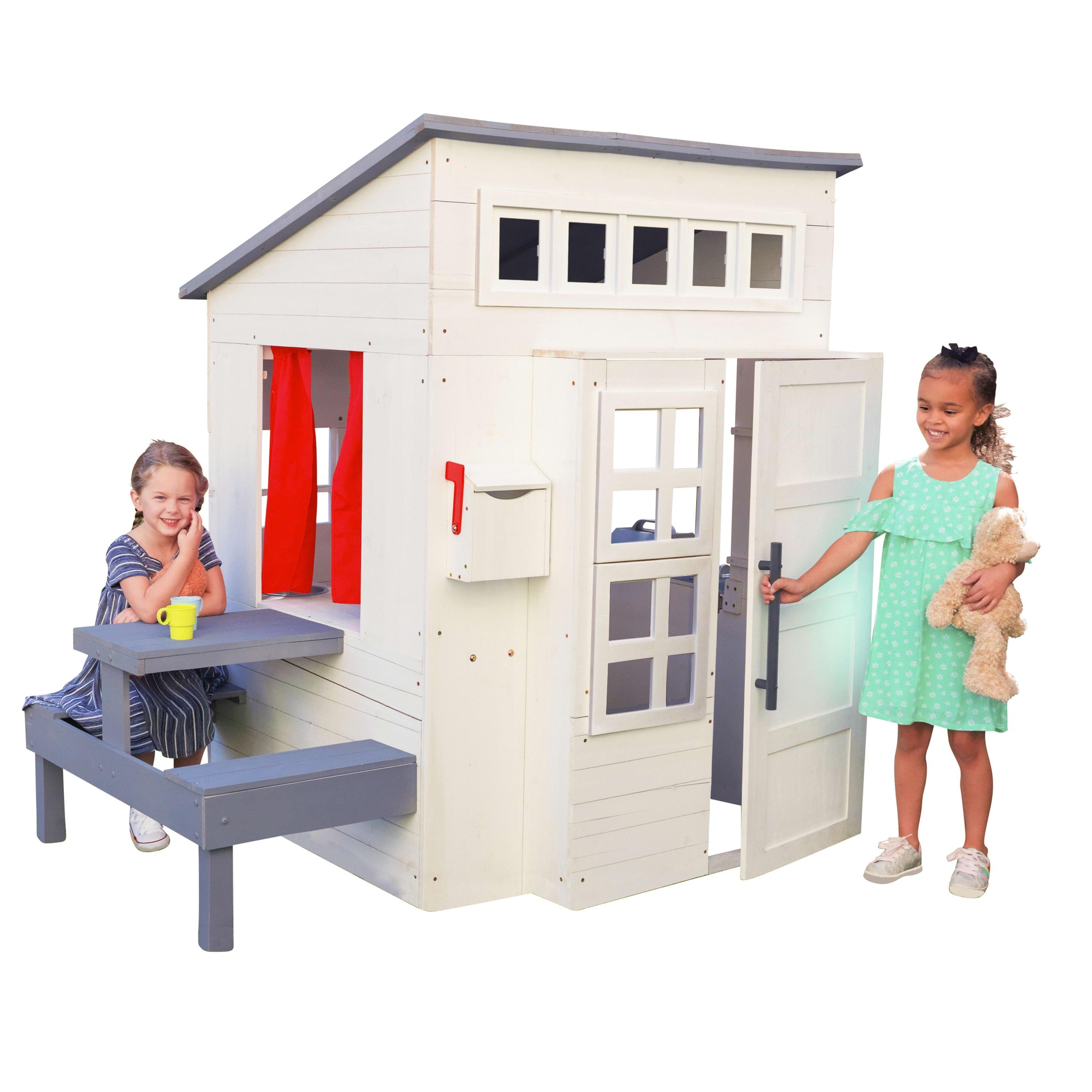 KidKraft White Wooden Outdoor Playhouse with Picnic Table and Grill