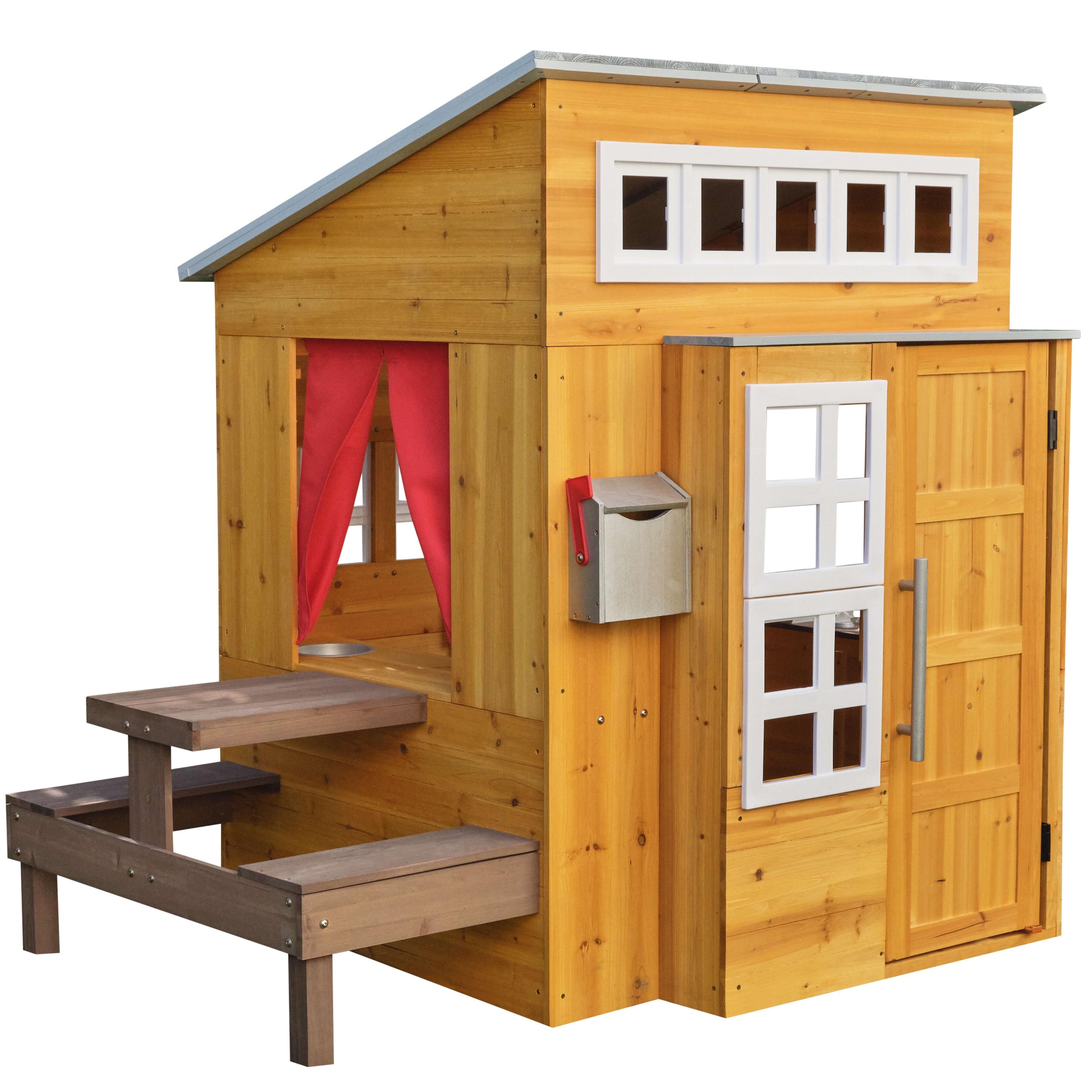 Modern Outdoor Wooden Playhouse with Picnic Table and Mailbox