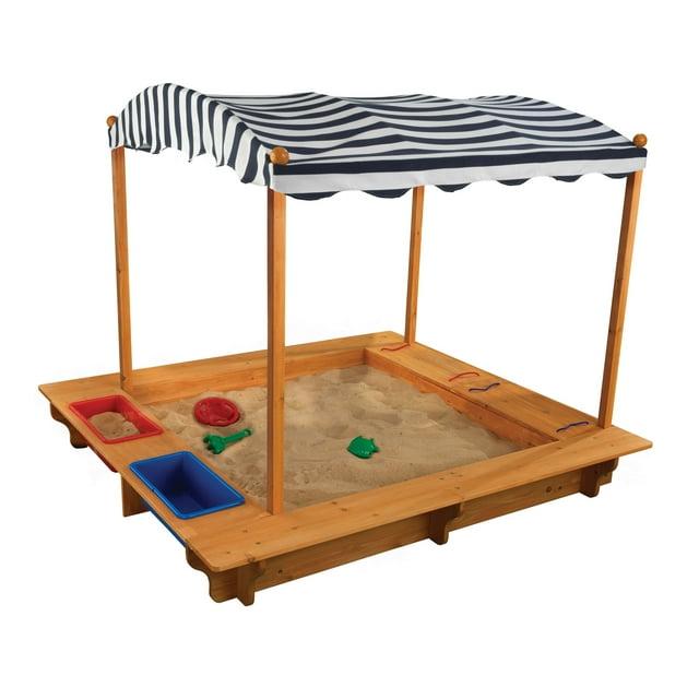 KidKraft Outdoor Covered Wooden Sandbox with Bins and Striped Navy & White Canopy