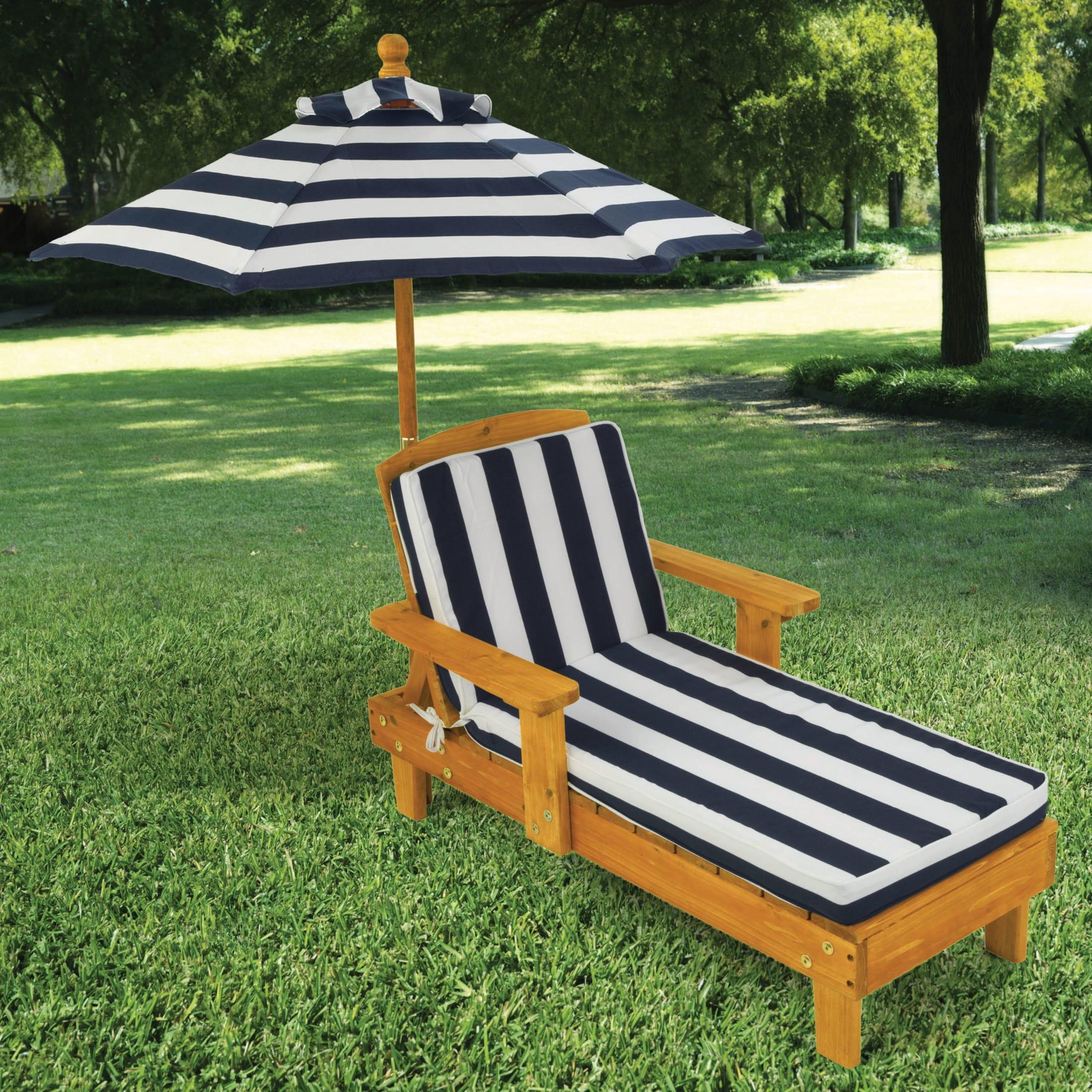 Outdoor Wood Chaise Children's Chair with Umbrella and Cushion, Navy and White