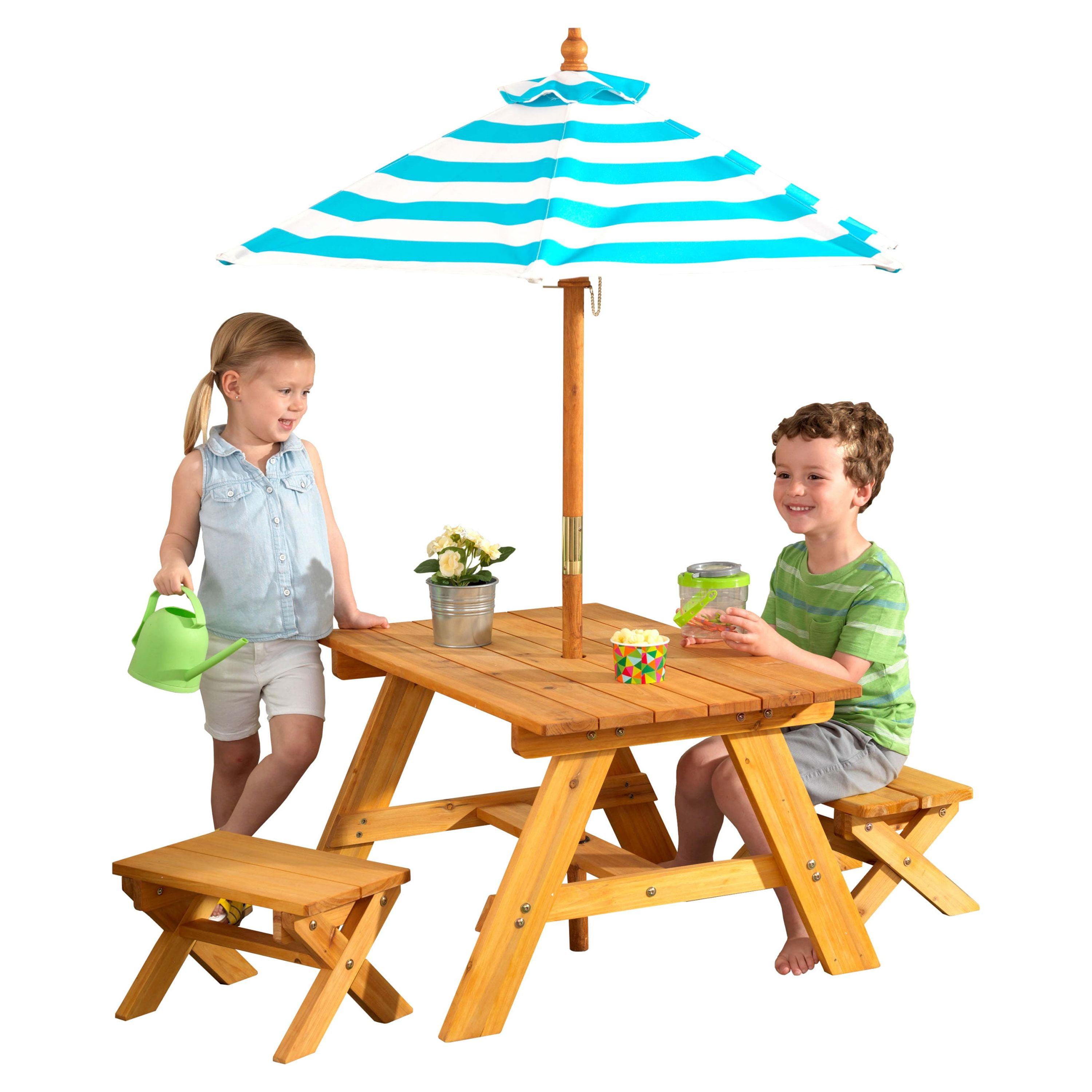 Kid-Sized Wooden Table and Bench Set with Striped Umbrella