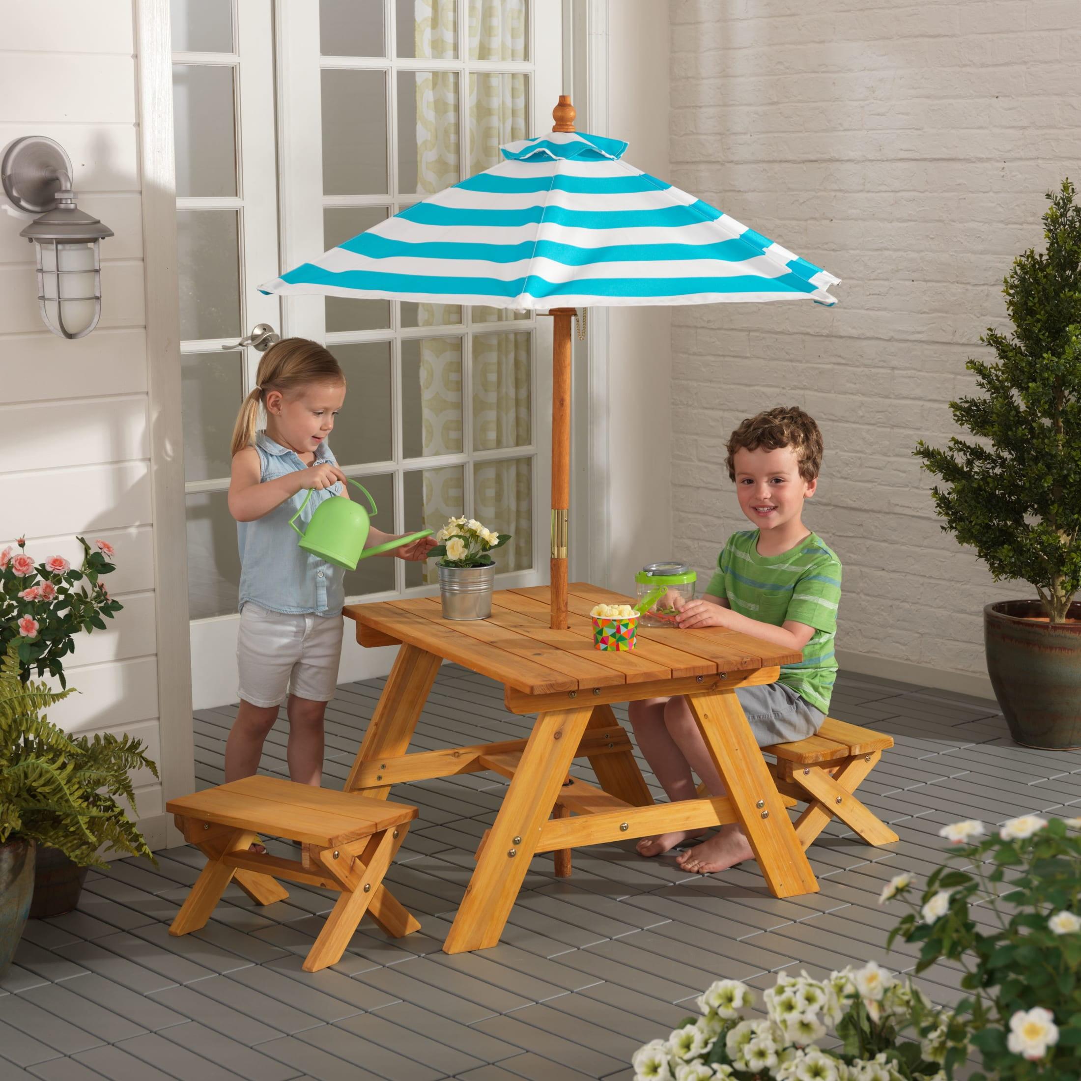 Kid-Sized Wooden Table and Bench Set with Striped Umbrella