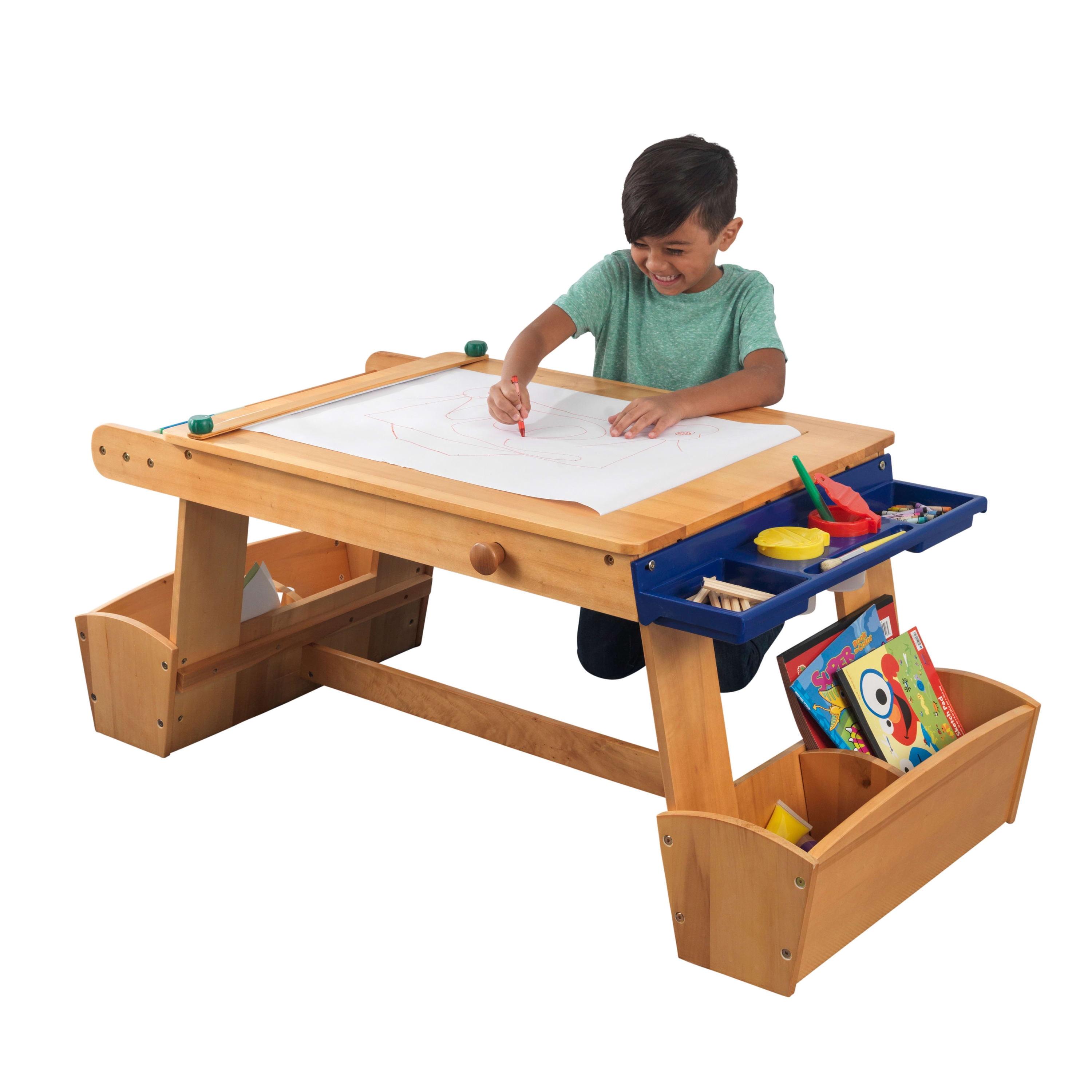 Natural Wooden Art Table with Drying Rack and Storage Bins