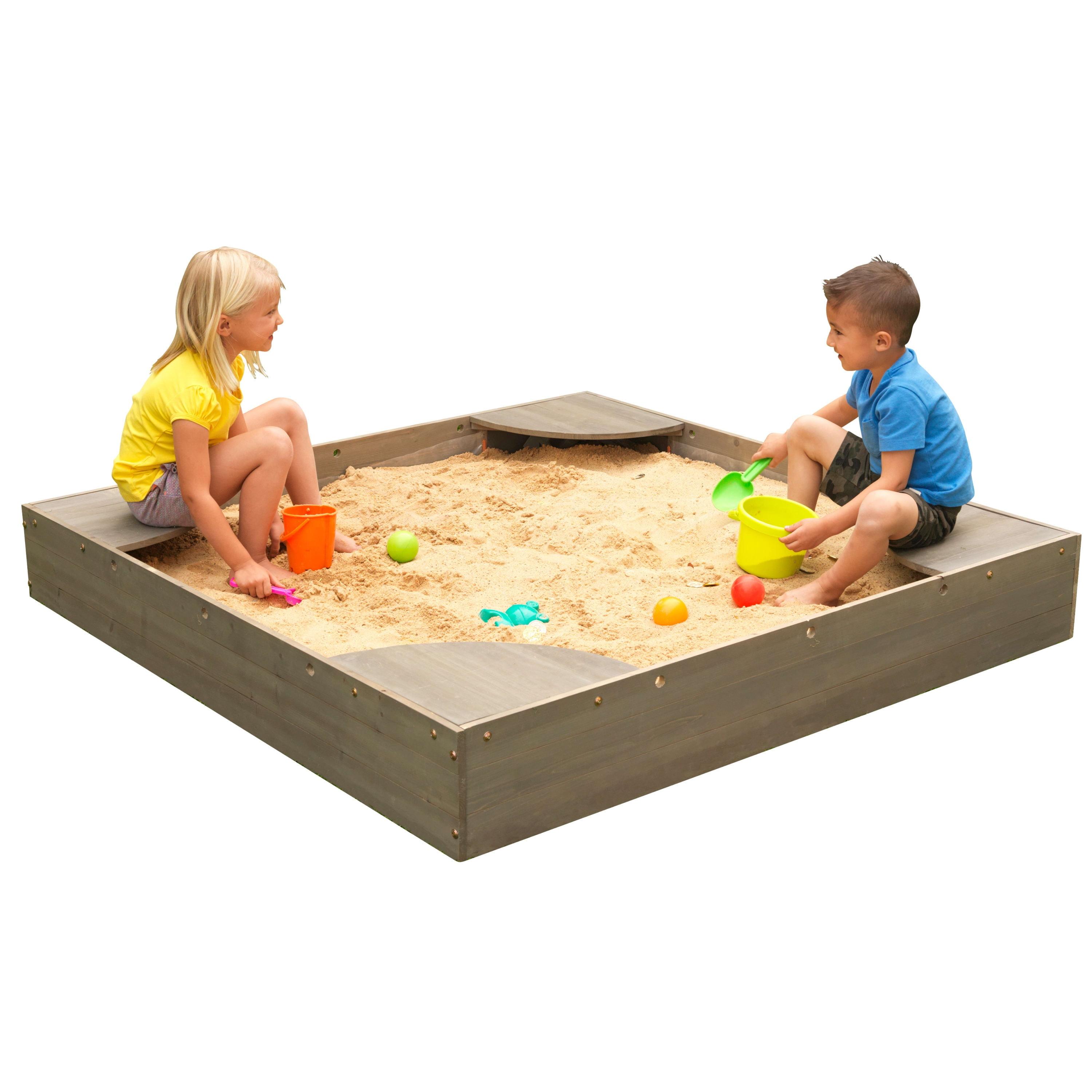 Gray Wooden Backyard Sandbox with Built-in Seating and Mesh Cover