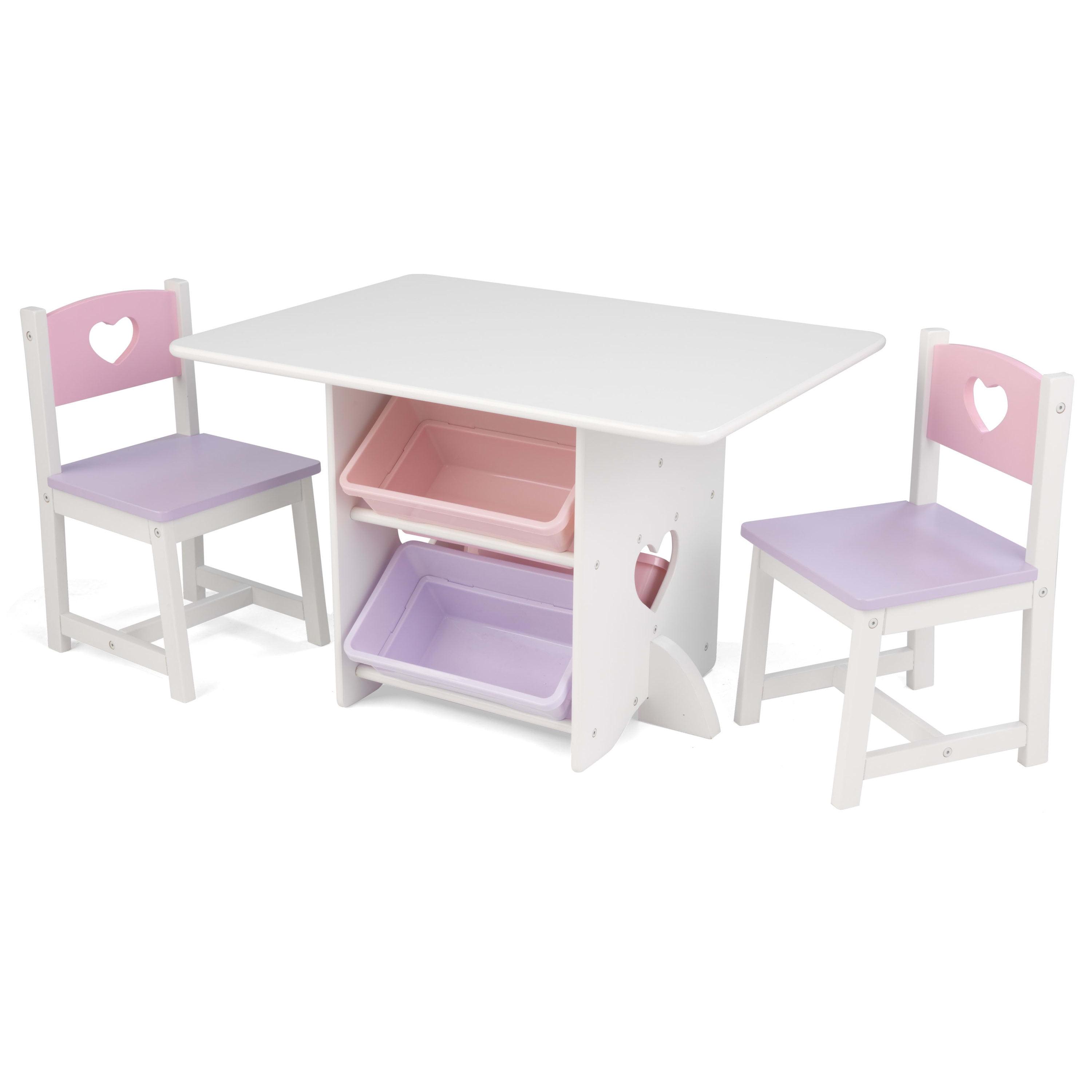 Kid's White Wooden Table and Chair Set with Storage Bins