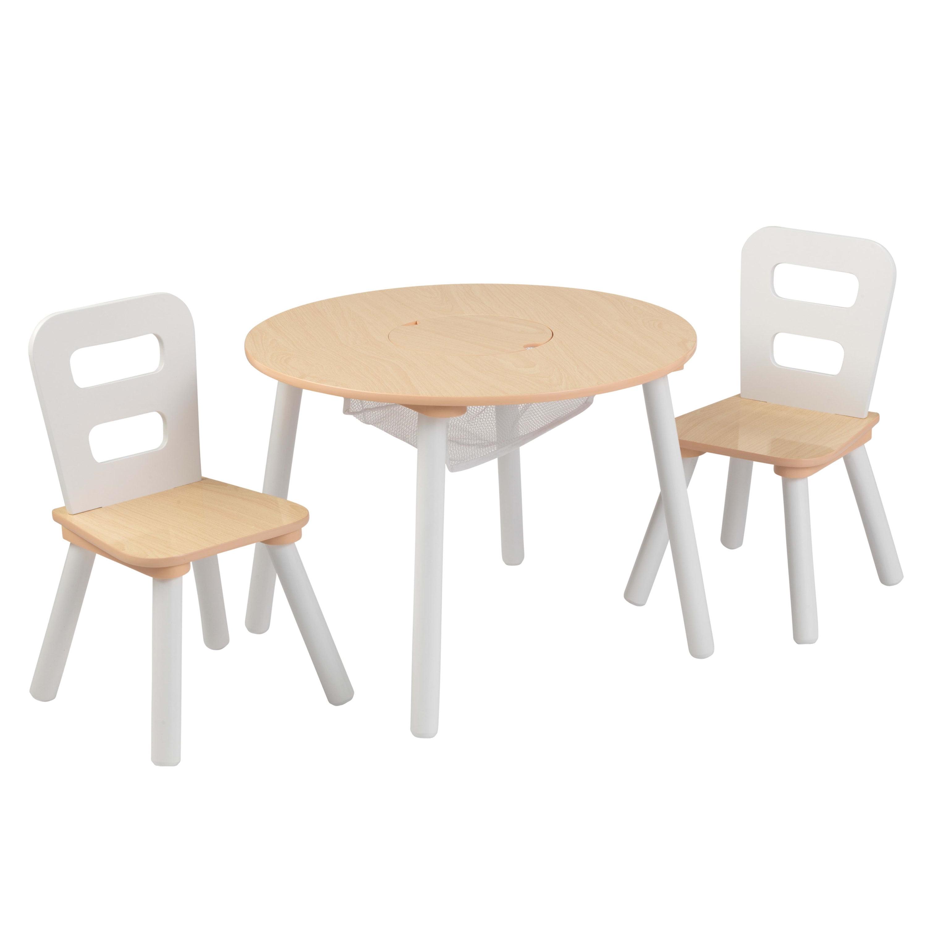 KidKraft Wooden Kids Round Storage Table & 2 Chair Set, Natural & White