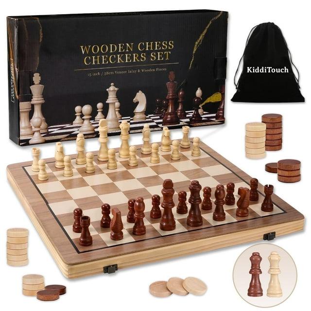 KiddiTouch 15 inch Magnetic Wooden Chess Set 2 in 1 Folding Chess Board Travel Chess Games for Adults and Kids