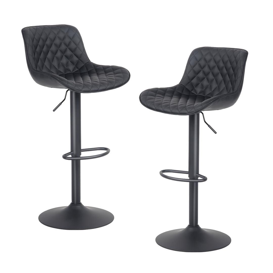 Black Adjustable Swivel Metal and Leather Bar Stools, Set of 2