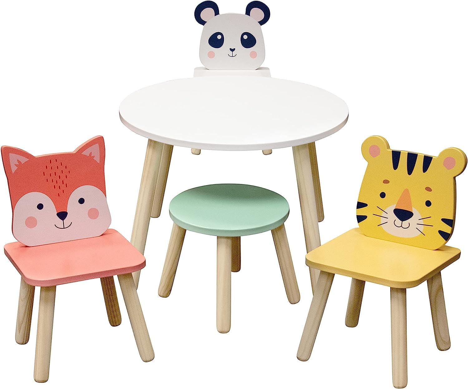 Kids Animal-Themed Wooden Table and Chair Set with Stool