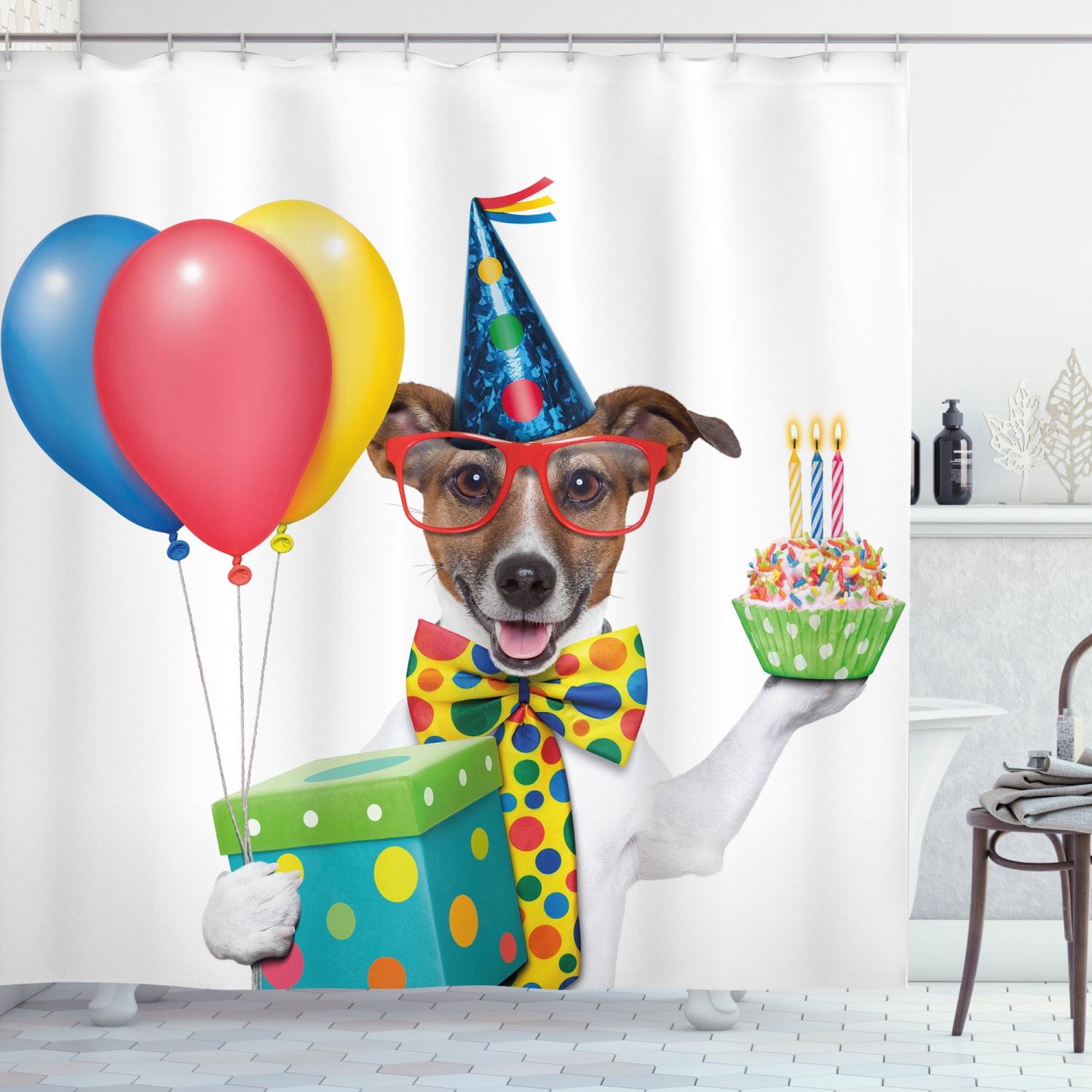 Colorful Birthday Party Dog Fabric Shower Curtain