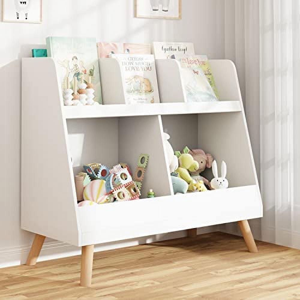 Kids Bookshelf and Toy Organizer, 5 Cubbies Wooden Open Bookcase, 2-Tier Baby Storage Display Organizer with Legs, Free Standing for Playing Room, Bedroom, Nursery, Classroom, White