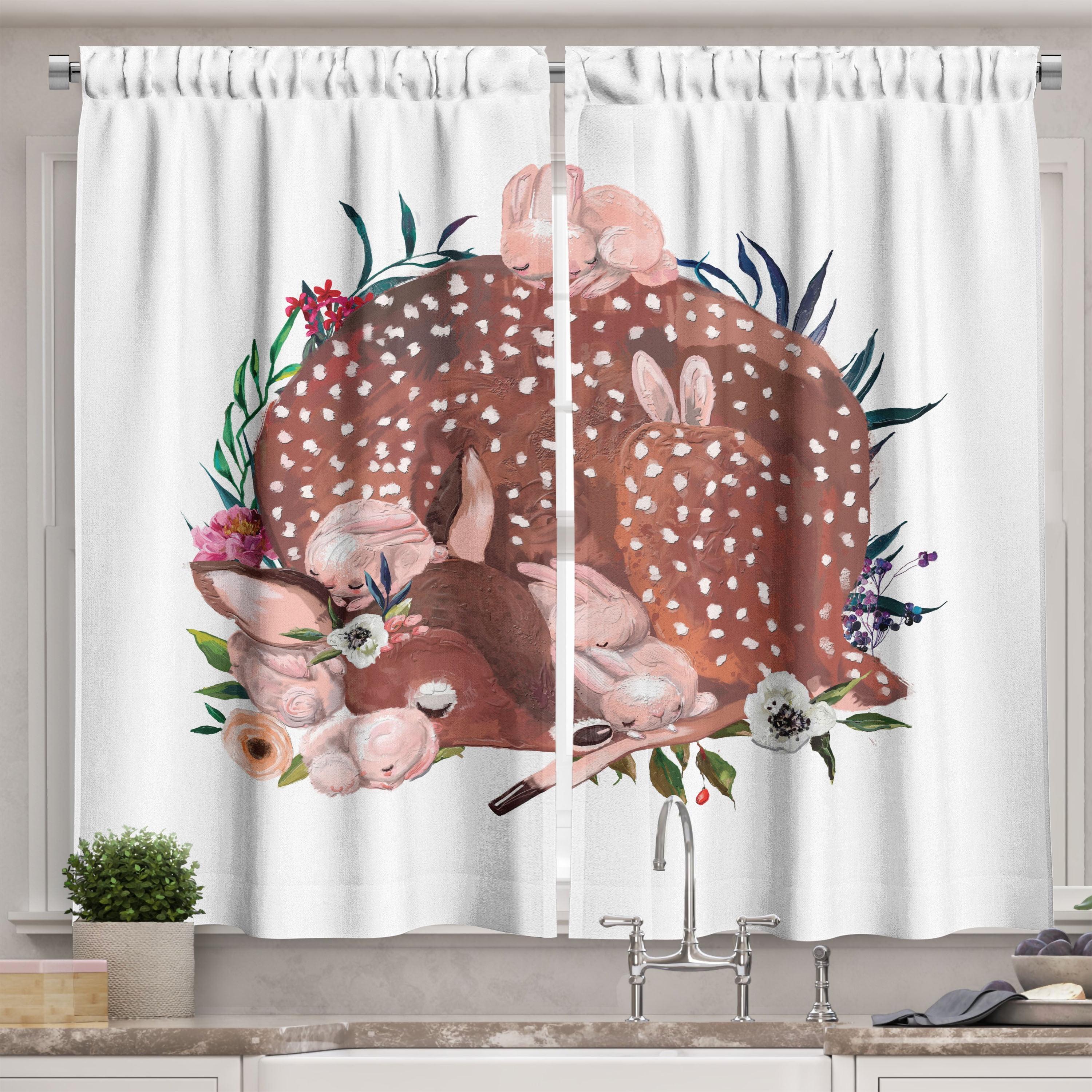 Kids White Polyester Deer and Hares Kitchen Curtain Panel Pair