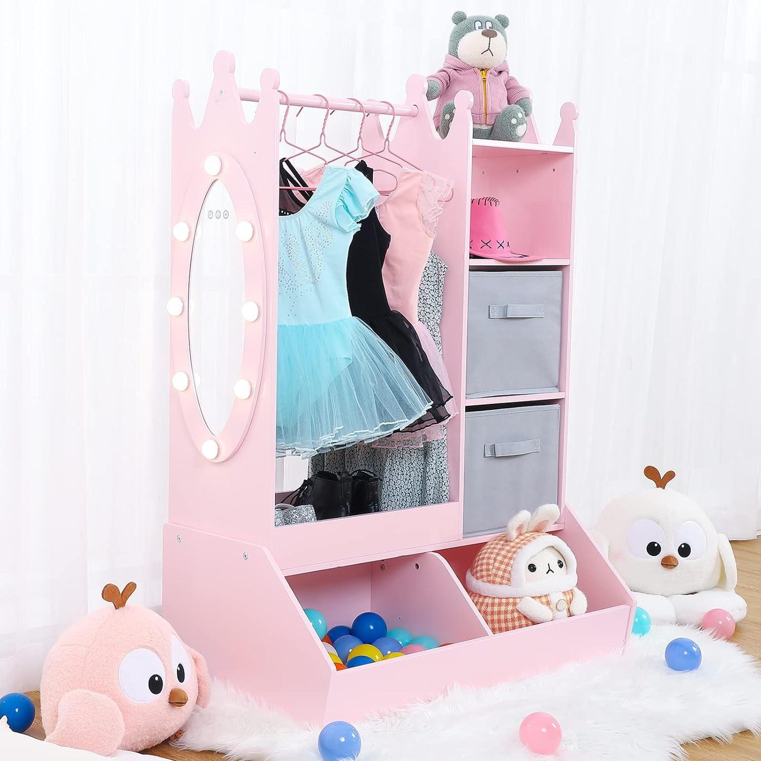 White Wooden Dress-Up Storage with Mirror and Shelves