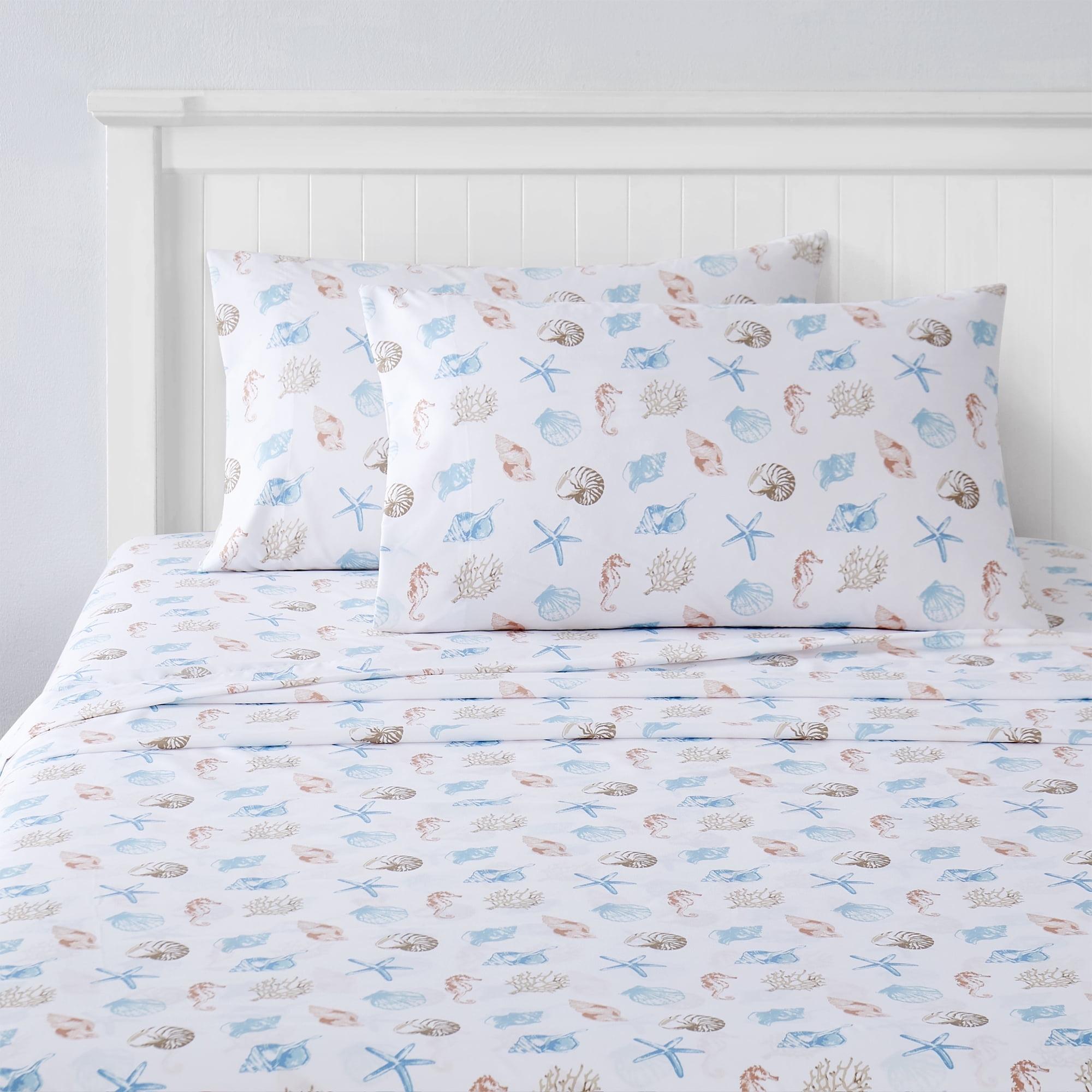 Kids Fun & Bright Printed Microfiber Sheet Sets, Ultra Soft Fitted Sheets with Straps - Seashells, Full Size