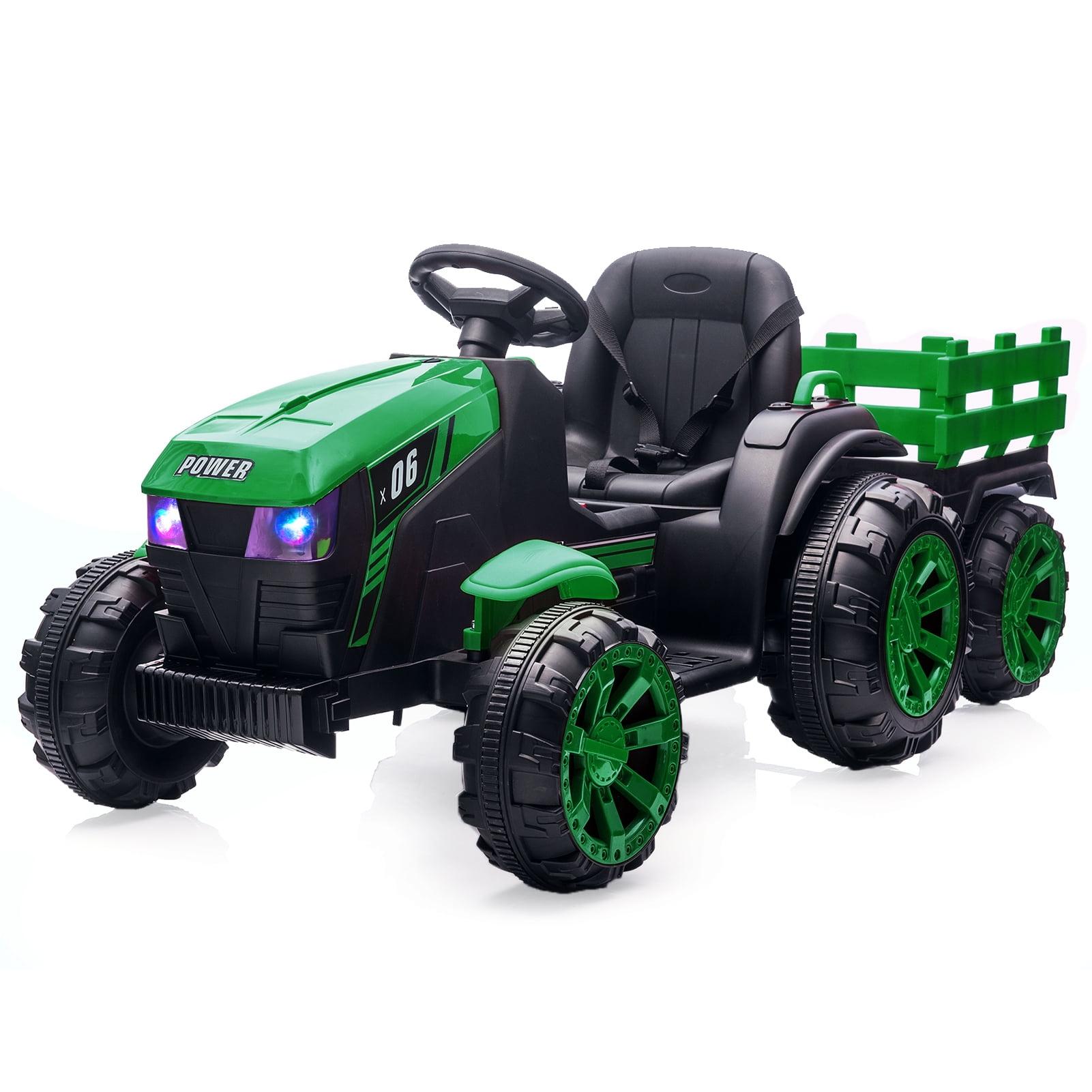 Yesurprise 12v Kids Ride On Tractor With Trailer Battery Powered Electric Vehicles Toy With 35w Dual Motor Remote Control 6 Wheels Led Lights Music