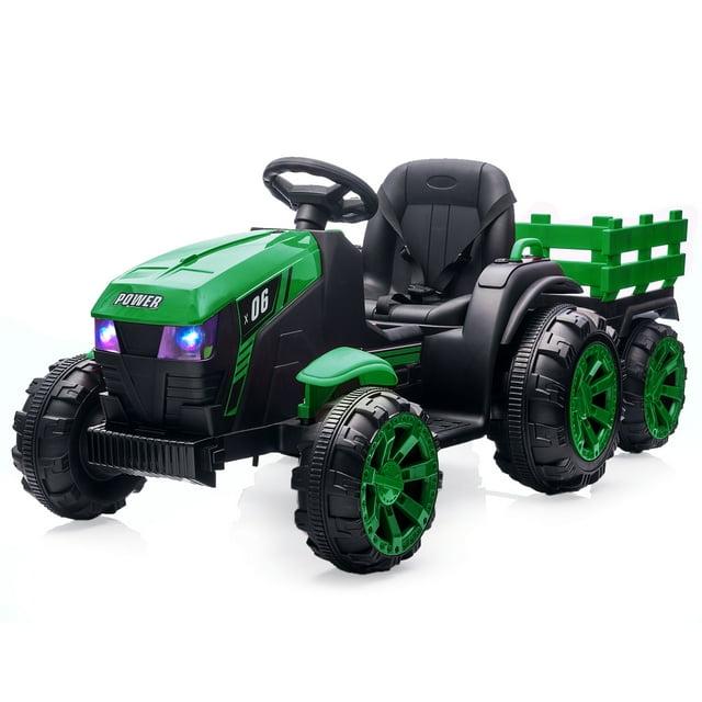 Yesurprise 12v Kids Ride On Tractor With Trailer Battery Powered Electric Vehicles Toy With 35w Dual Motor Remote Control 6 Wheels Led Lights Music