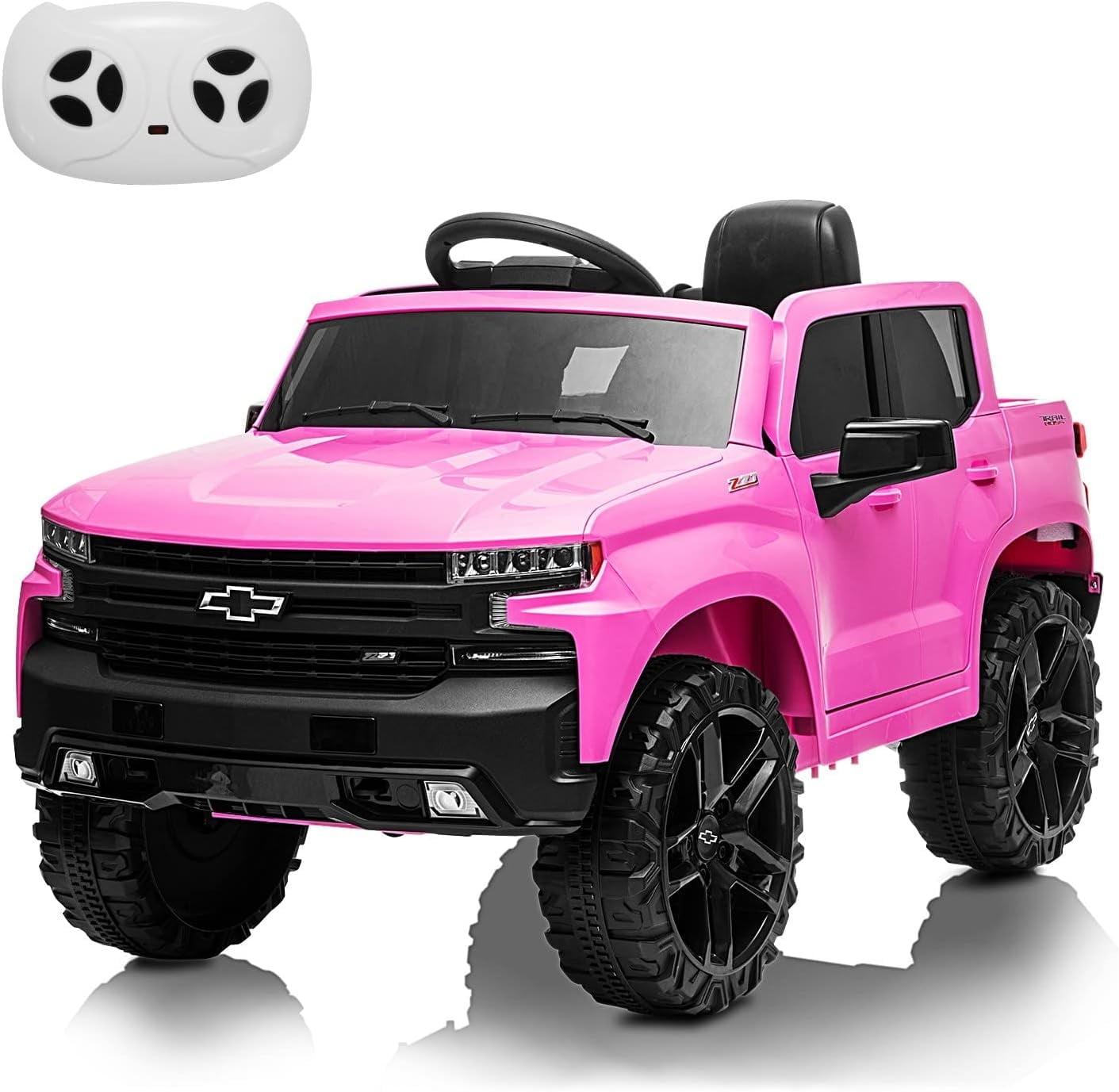 Kids Ride on Vehicle with Remote Control for 3-8 Years Toys,12V Licensed Chevrolet Silverado GMC Powered Wheels Electric Car, MP3 Music,FM Radio, Spring Suspension, LED Light,Pink