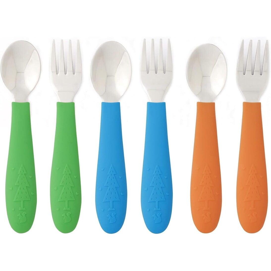 Kids Stainless Steel Silverware with Silicone Handles in Green, Orange, and Blue