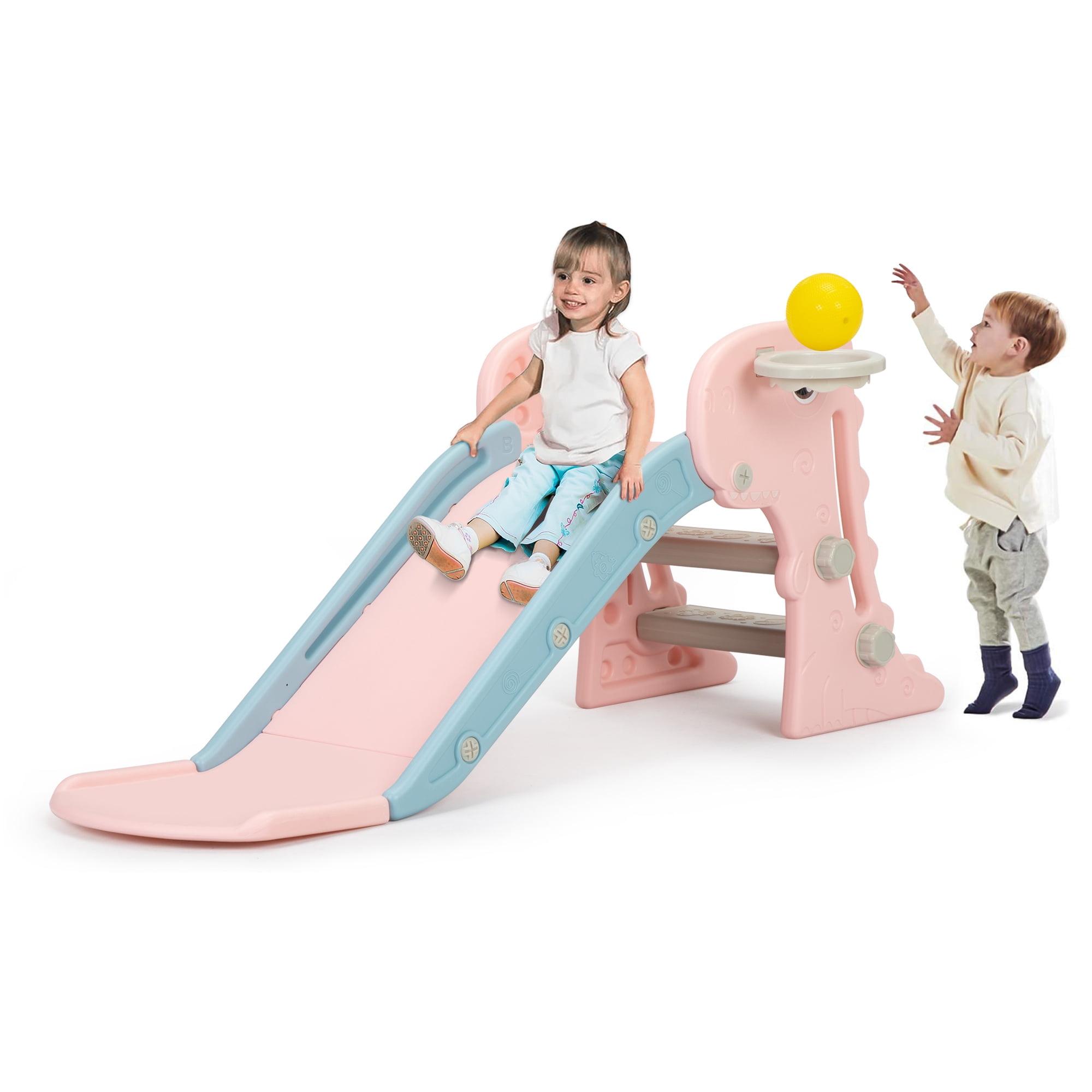 Nyeekoy 3 in 1 Foldable Toddler Large Slide w/ Climbing Ladder, Basketball Hoop, Indoor Outdoor Freestanding Playground for Kids