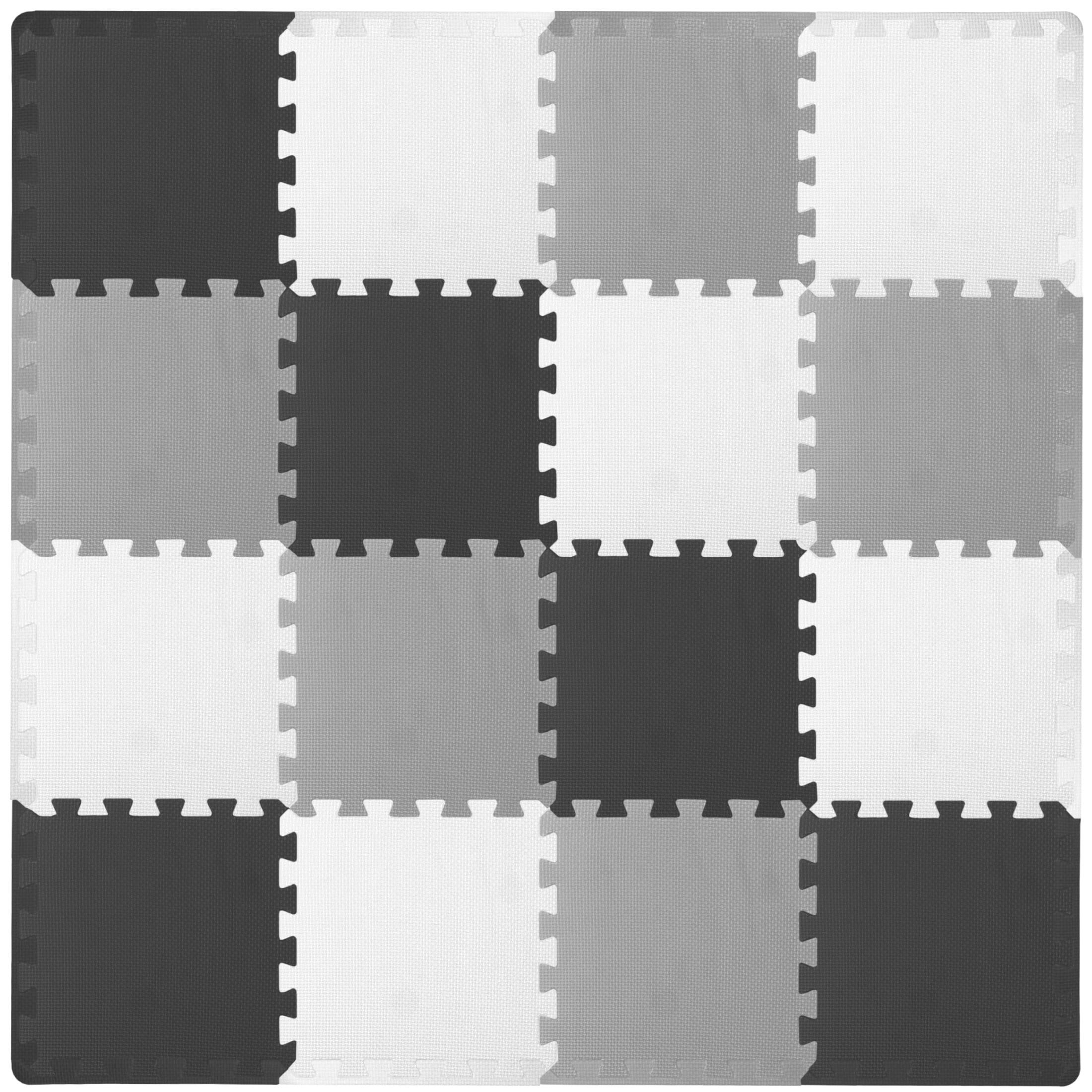 Prosource Kids Solid Floor Play Mat 3/8-in, 16 Sq Ft - 16 Tiles, Black/Grey/White