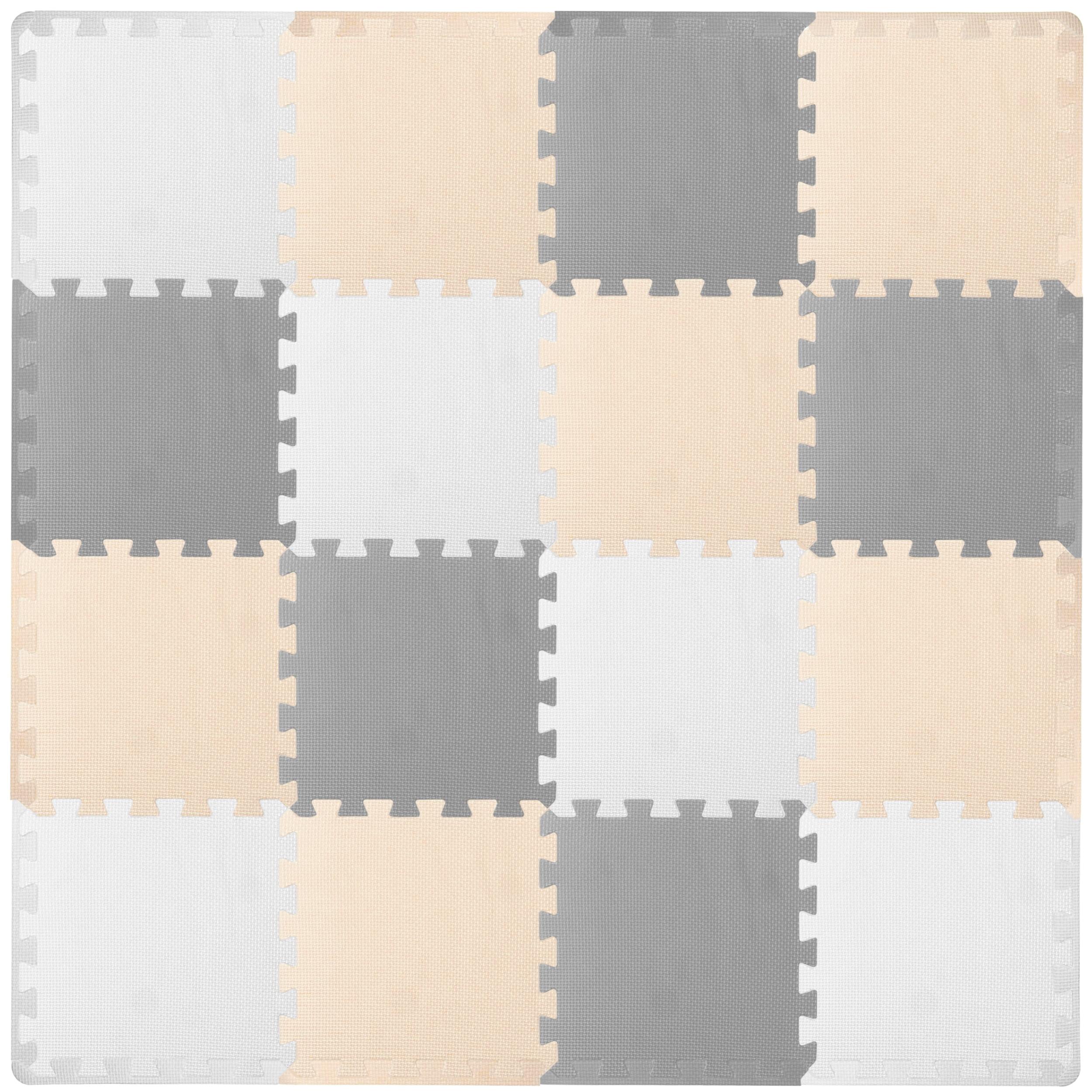Prosource Kids Solid Floor Play Mat 3/8-in, 16 Sq Ft - 16 Tiles, White/Grey/Beige