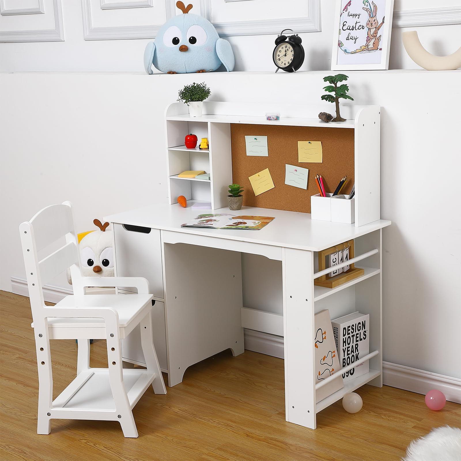 Soonbuy Kids Desk, Wooden Study Desk and Chair Set for Children, Writing Desk with Storage for 3-8 Yrs Boys Girls,White