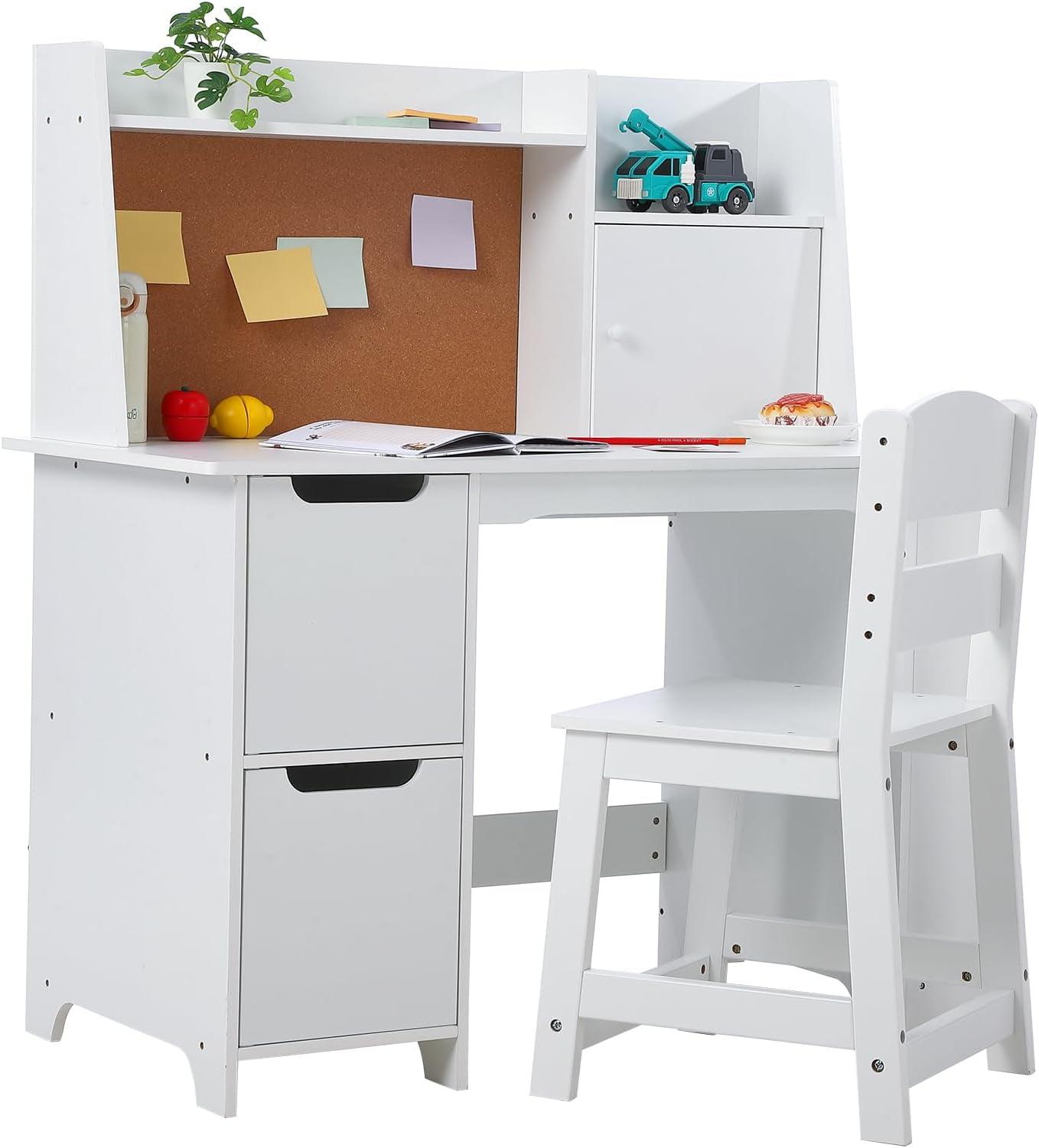 White Wood Kids Study Desk with Filing Cabinet