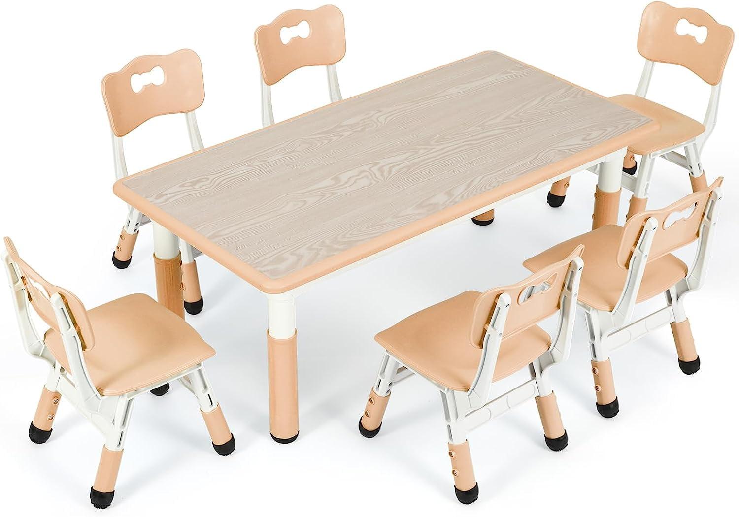 Beige Adjustable Kids Table and 6 Chairs Set with Graffiti Surface