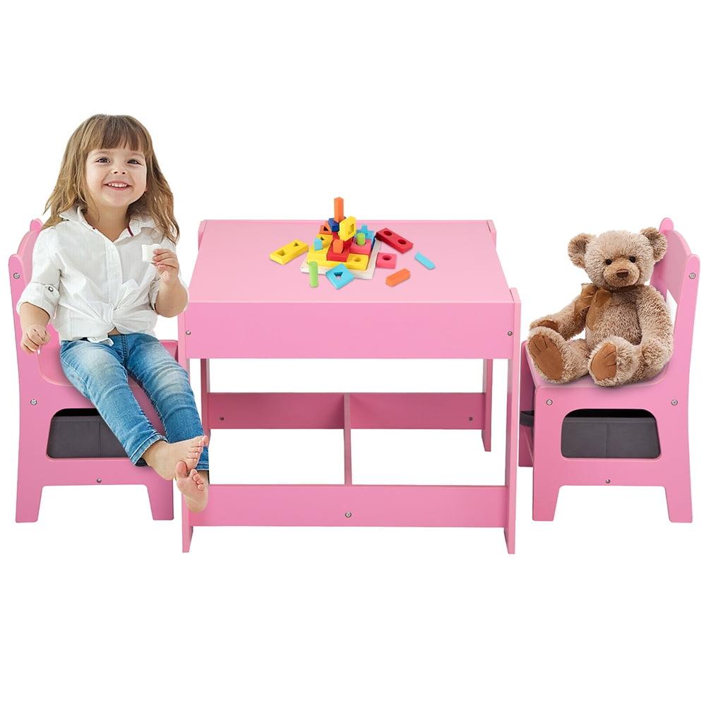 Pink Wooden Kids Activity Table Set with Storage Drawers