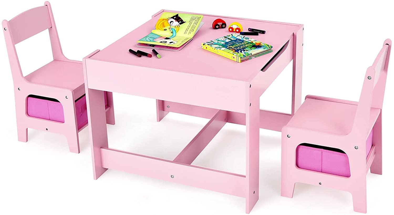 Pink Wooden Kids Activity Table Set with Storage Drawers