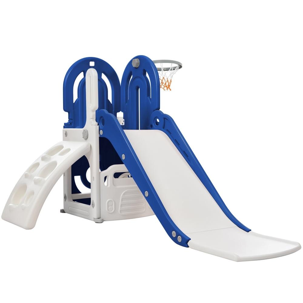 4 in 1 Toddler Slide and Climb Set, Kids Playground Climber Slide Playset with Basketball Hoop Play Freestanding Combination, Indoor & Outdoor Toys for Kids Teens Boys Girls, Blue