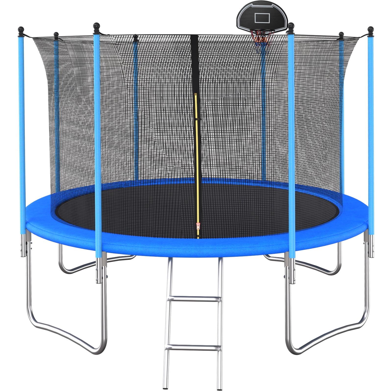 Trampoline for Kids with Safety Enclosure Net, 12FT Outdoor Back Yard Recreational Trampoline with Basketball Hoop and Ladder for Children Adults Family, Blue