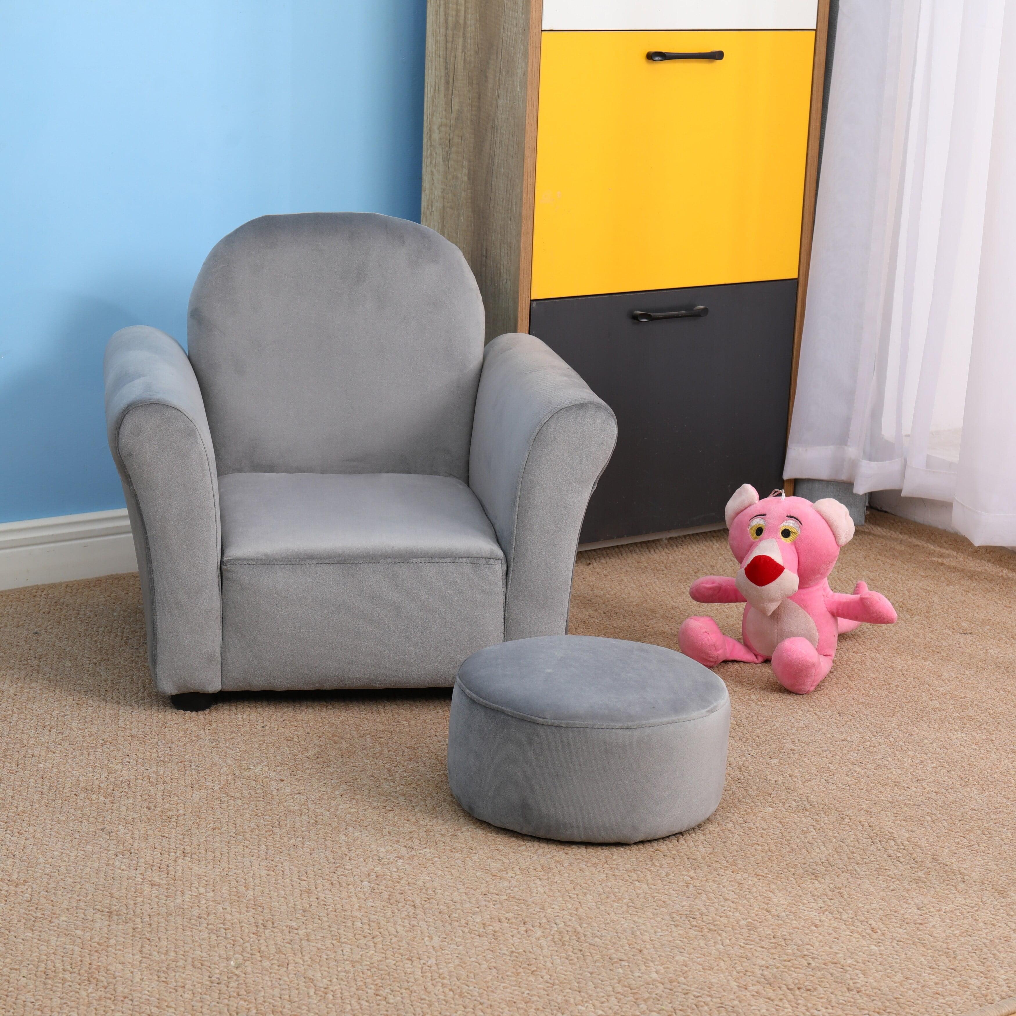 Gray Velvet Kids Sofa with Ottoman and Eco-Friendly Wood