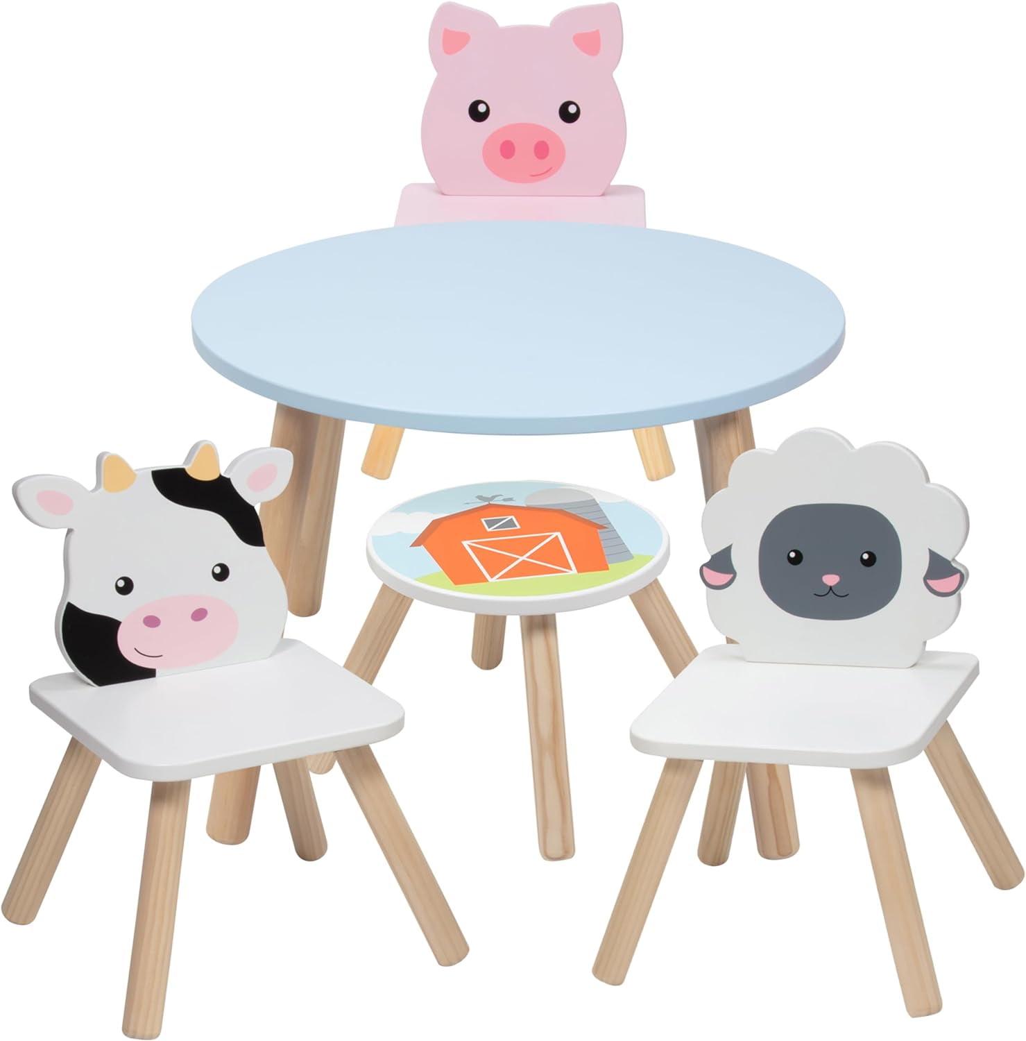 Kids Wooden Animal Table & Chair Set w 3 Seats (Cow Pig Sheep) & Adult Stool for Arts Crafts, Dining, Pretend Play- Durable Playroom Furniture for Home, Daycare, Classroom for Toddlers to Big Children