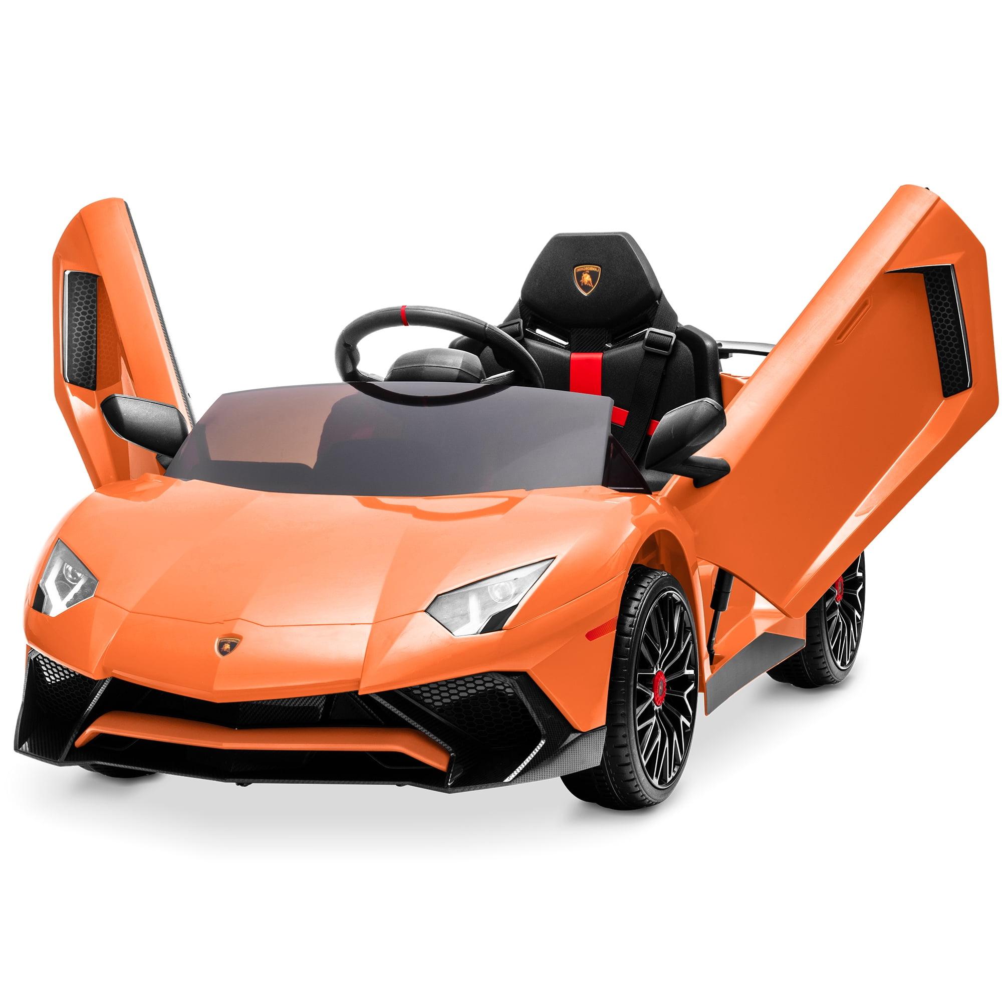 Kidzone Kids Electric Ride On 12V Licensed Lamborghini Aventador SV Battery Powered Sports Car Toy W/ 2 Speeds, Parent Control, Sound System, LED Headlights & Hydraulic Doors, Orange