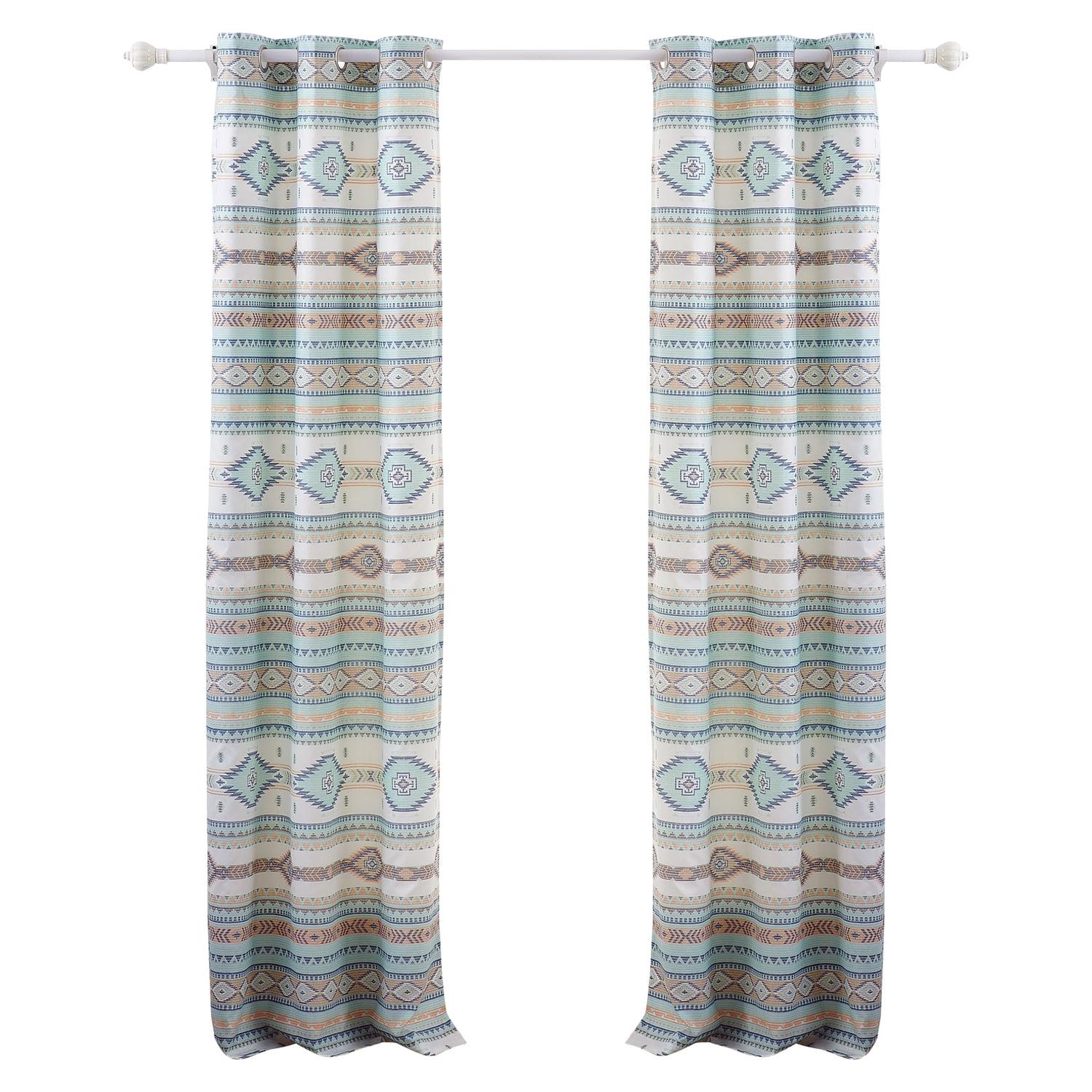 Benjara Kiev 84 Inch Window Curtains, Microfiber Blue Southwest Design, Grommets
