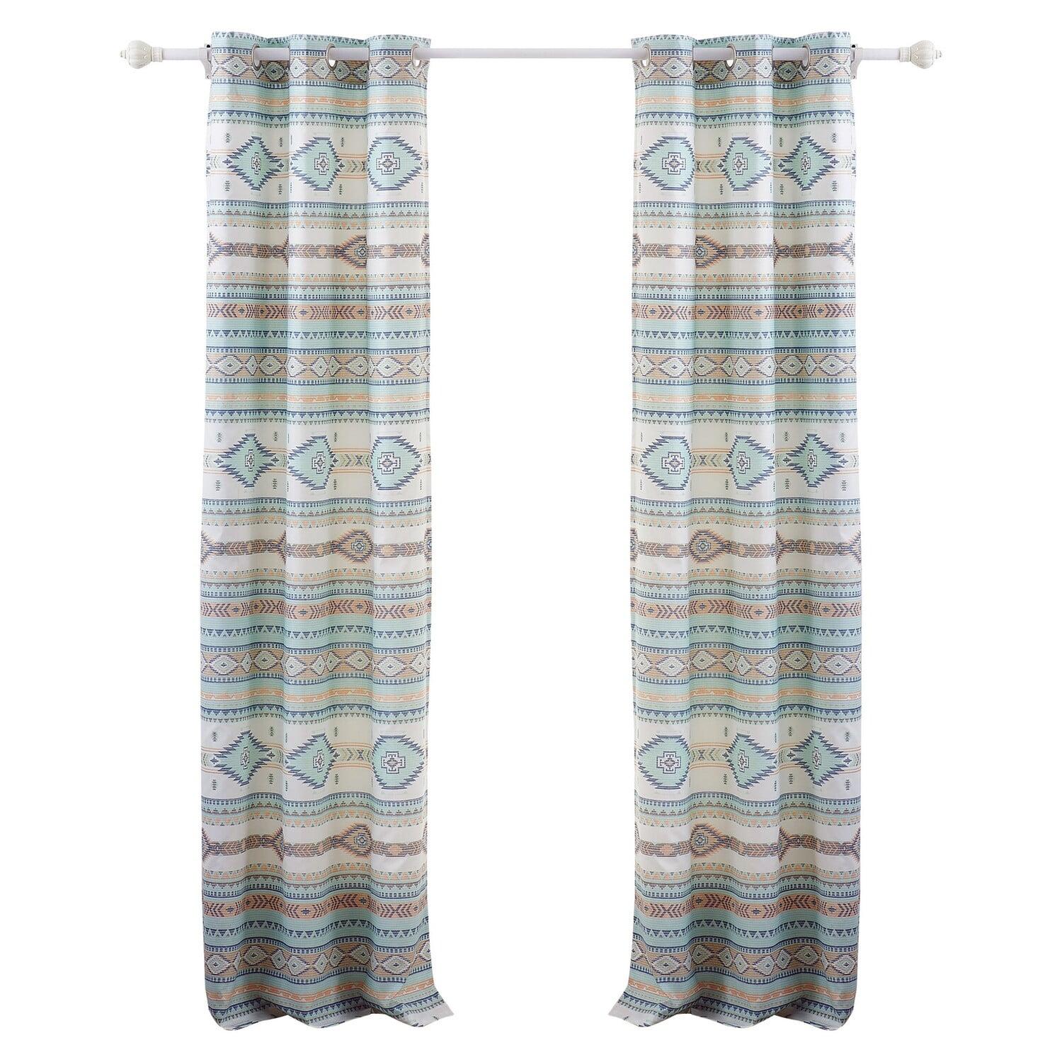Benjara Kiev 84 Inch Window Curtains, Microfiber Blue Southwest Design, Grommets