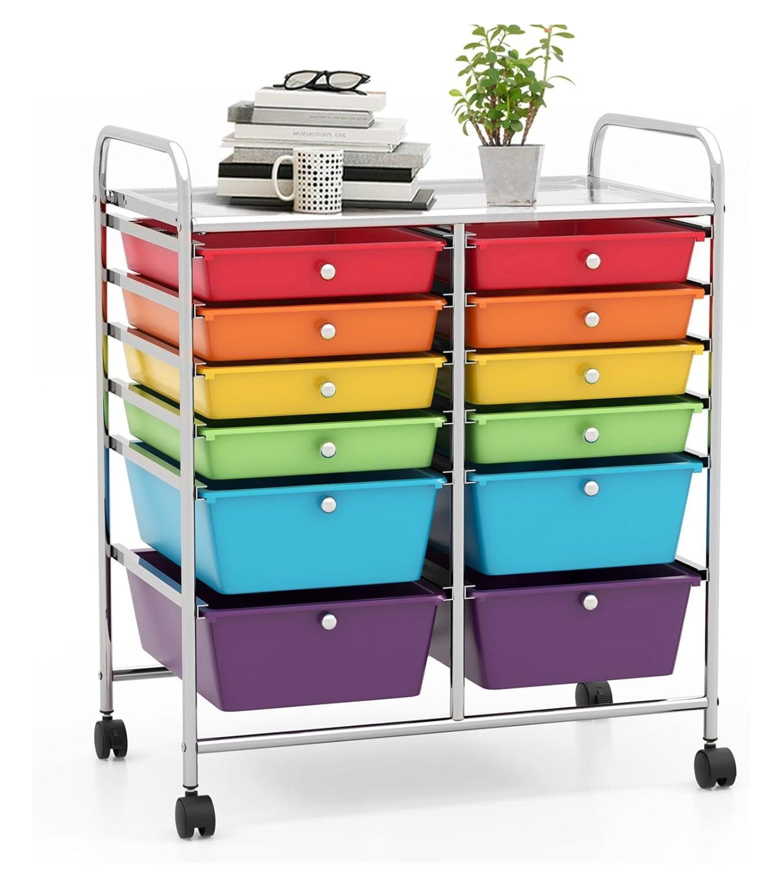 Storage Cart with 12 Drawers Rolling Wheels Semi-Transparent Multipurpose Mobile Rolling Utility Cart for School, Office, Home, Beauty Salon Files Arrangement Storage Organizer Cart, Multi-color