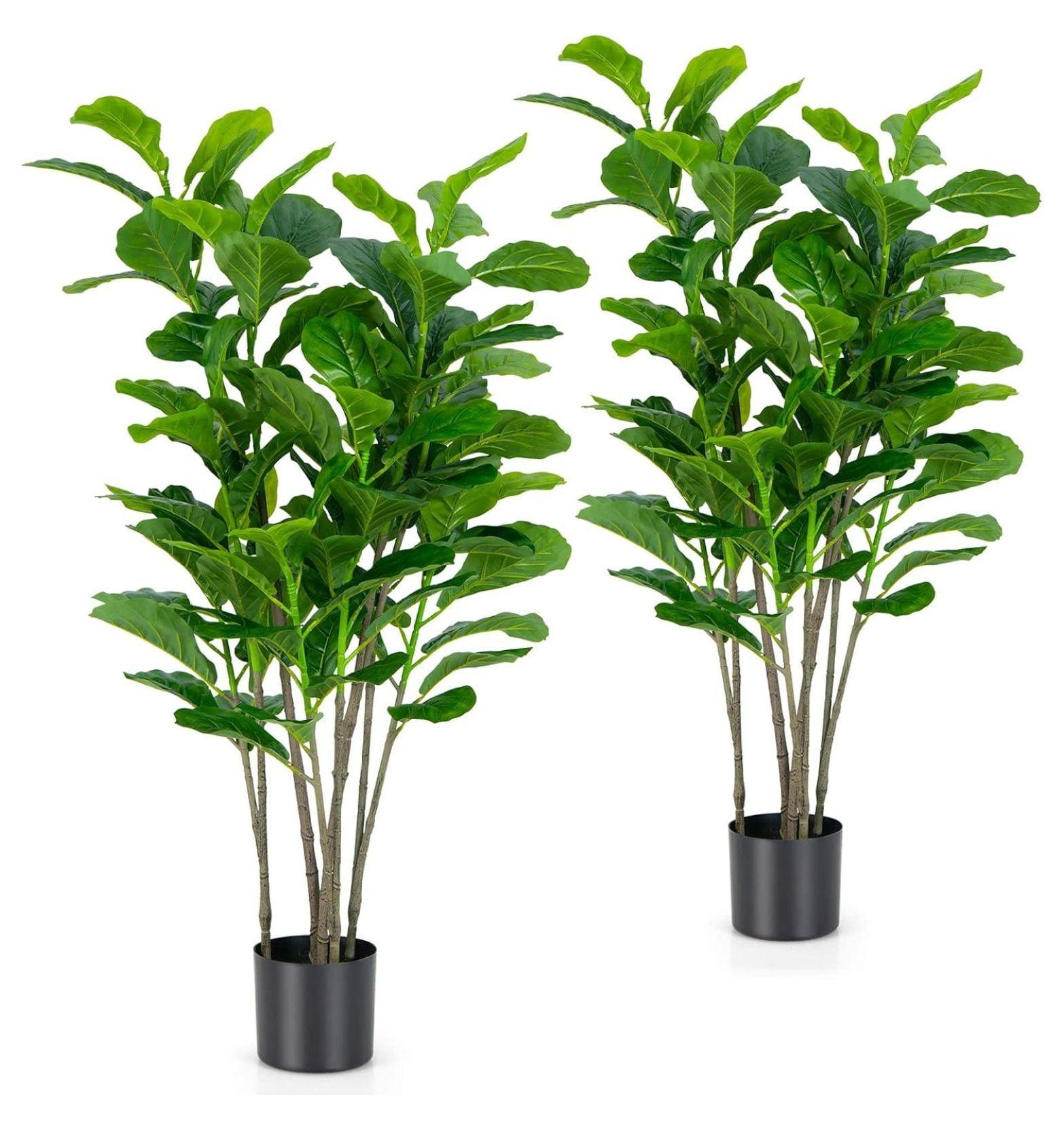 51-Inch Green Artificial Fiddle Leaf Fig Tree in Black Pot, Set of 2