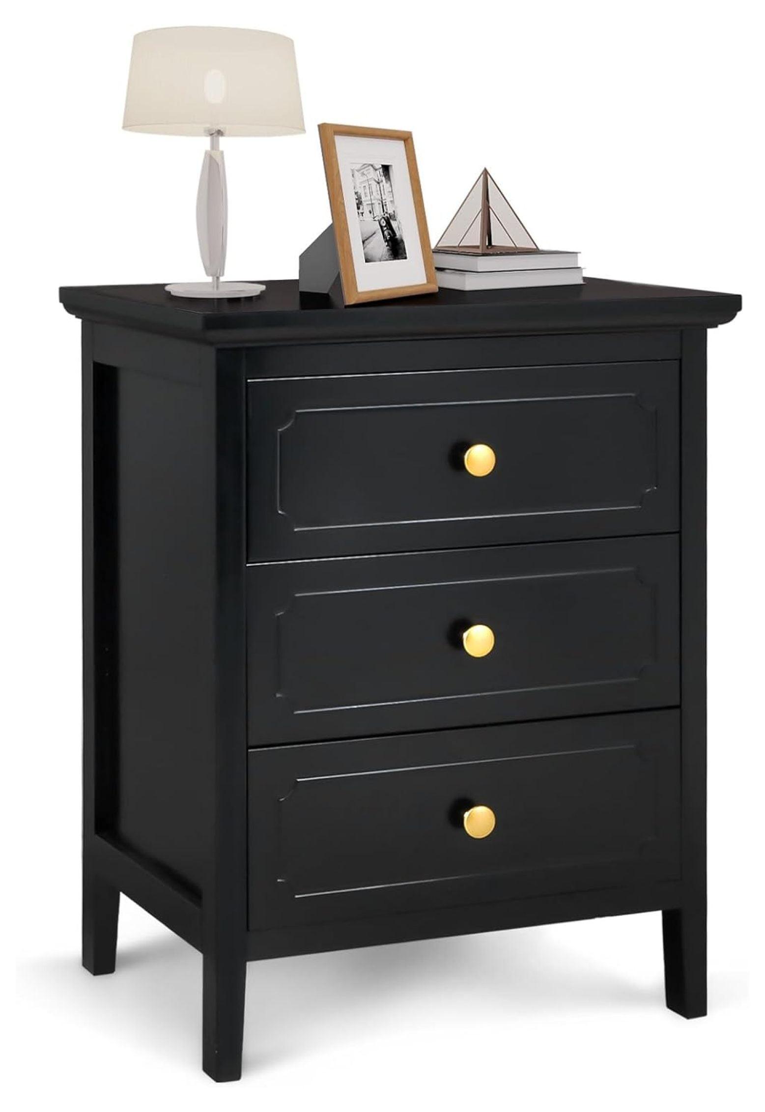 3 Drawer Nightstand Black Large Night Stands with Drawer 19 Inch Modern Bedside Table for Bedrooms Wooden