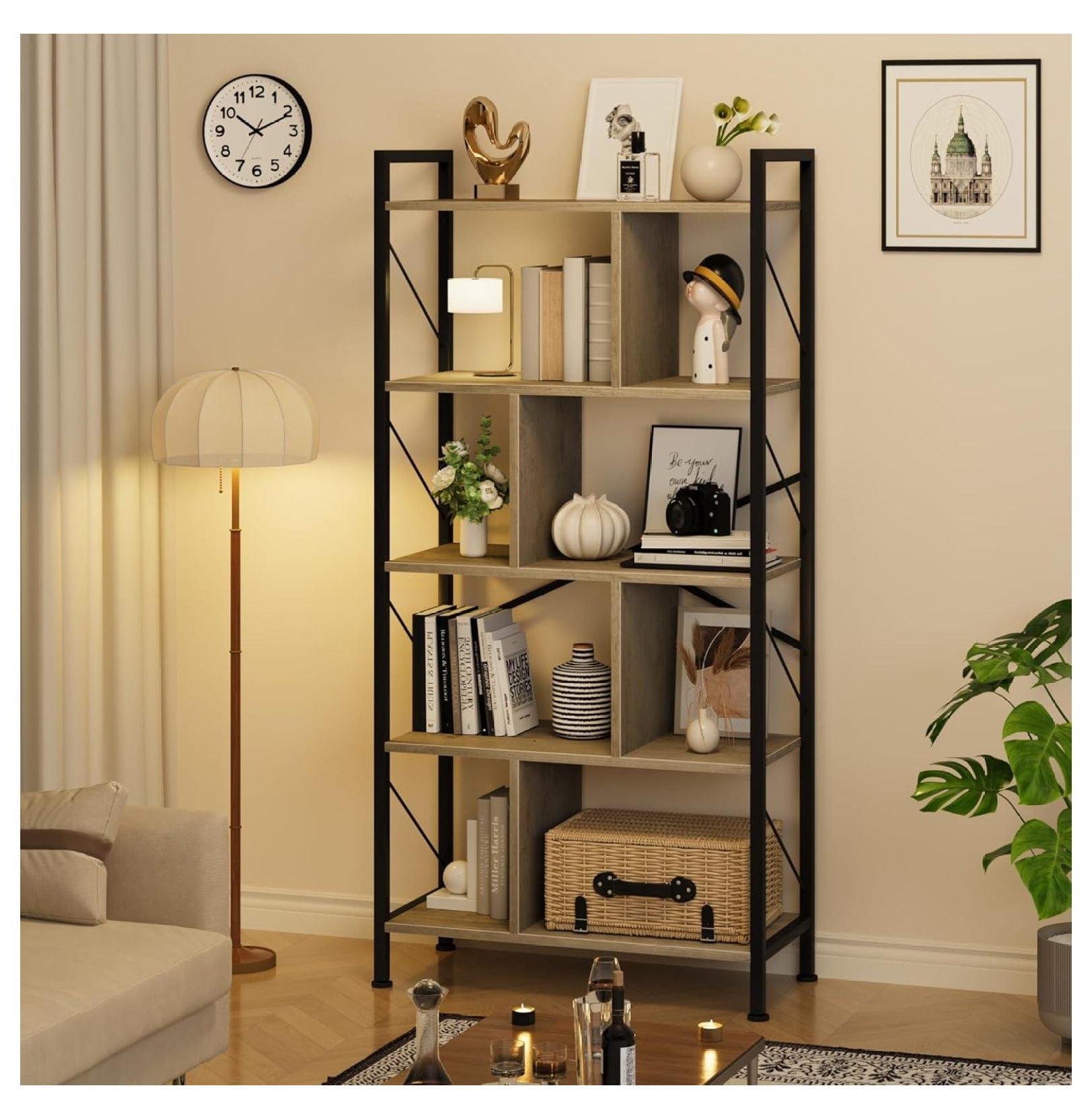 5 Tier Bookshelf with Storage, 61 Inch Tall Industrial Book Shelf for Living Room, Bedroom and Home Office