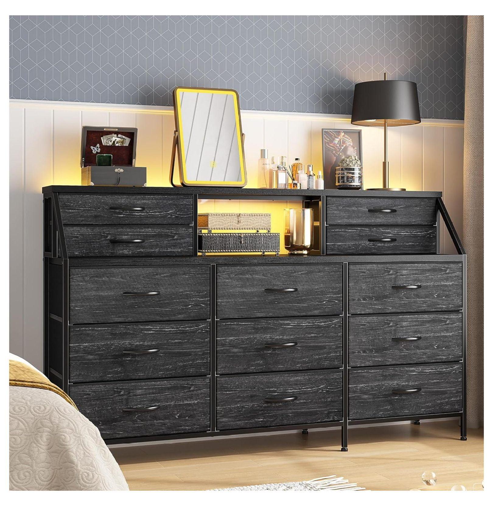 EnHomee 55"W Dresser for Bedroom Black Fabric Dresser with 13 Drawers Long Dressers & Chests of Drawers for , Living Room,Entryway