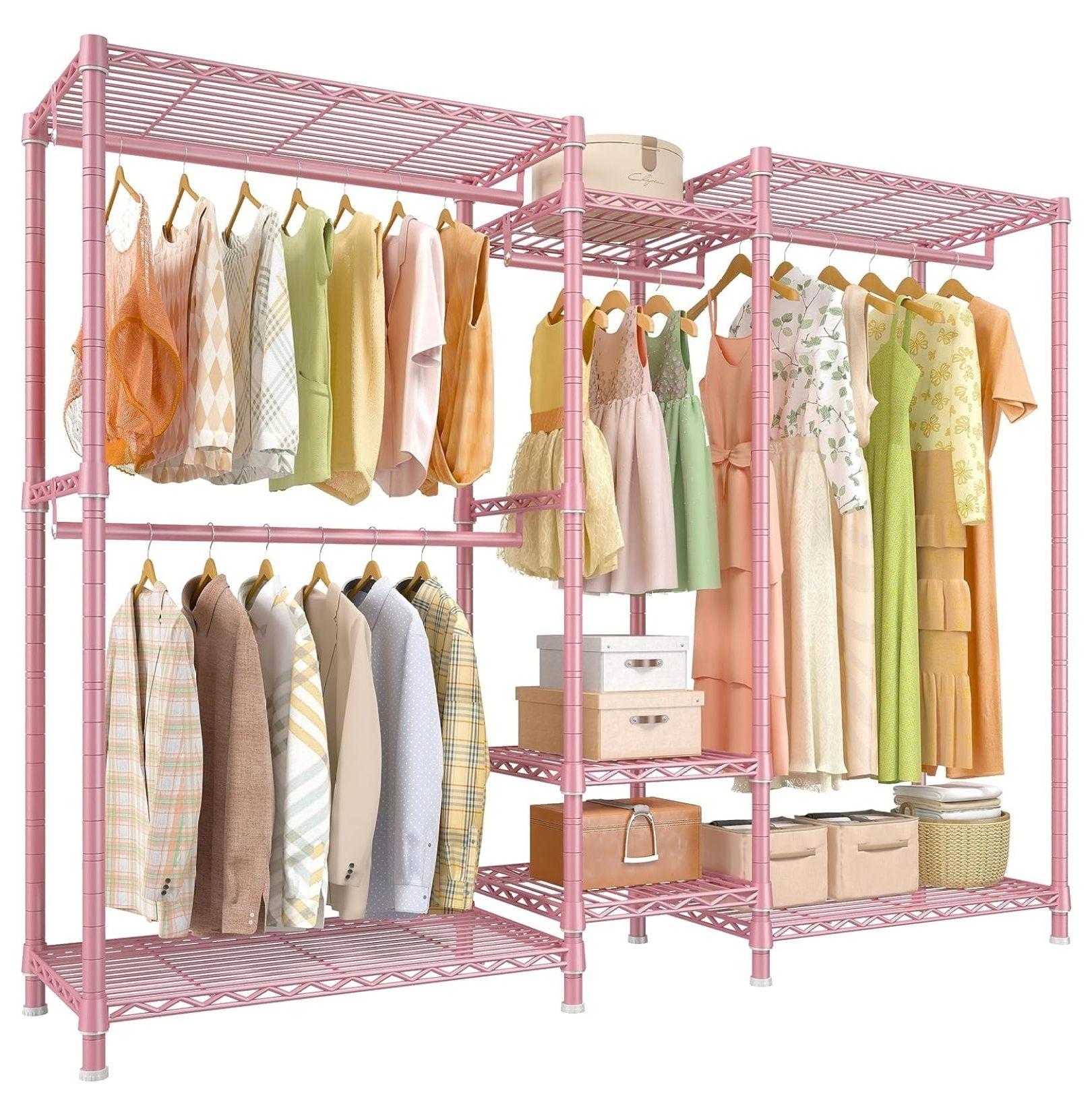 Pink Heavy Duty Metal Wire Portable Clothes Rack with Shelves