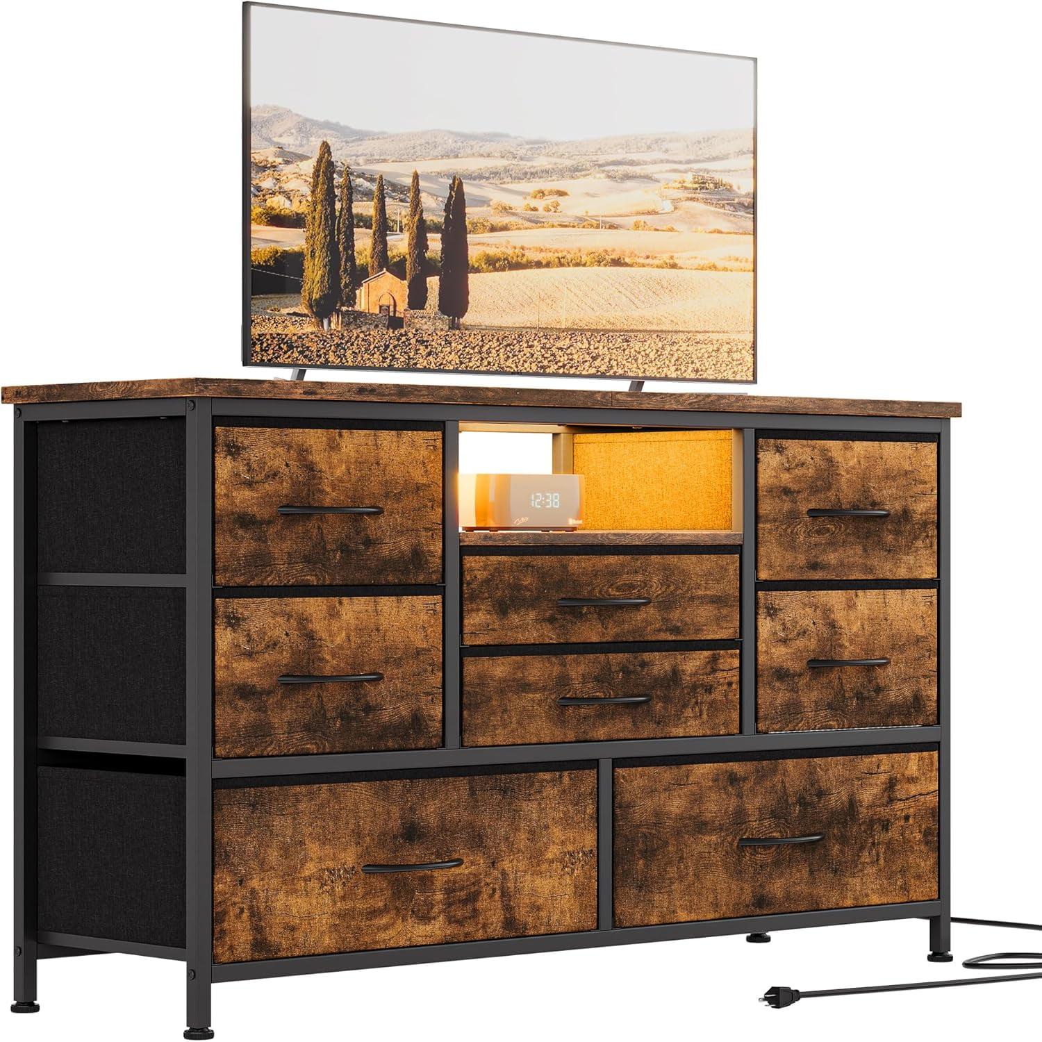 INDSUMOT 8 Dresser TV Stand with Power Outlet & LED for 55'' TV, Long Dresser for Bedroom with 8 Deep Drawers, Wide Console Table for Storage in Closet, Living Room, Entryway, Wood Top(Rustic Brown)