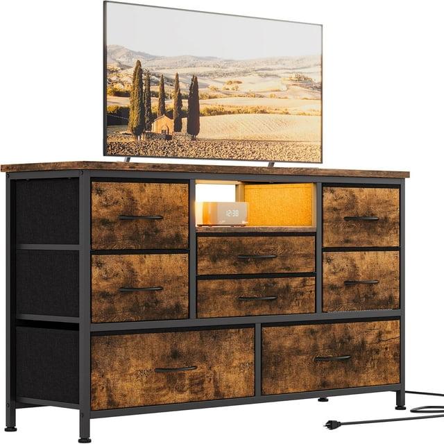INDSUMOT 8 Dresser TV Stand with Power Outlet & LED for 55'' TV, Long Dresser for Bedroom with 8 Deep Drawers, Wide Console Table for Storage in Closet, Living Room, Entryway, Wood Top(Rustic Brown)