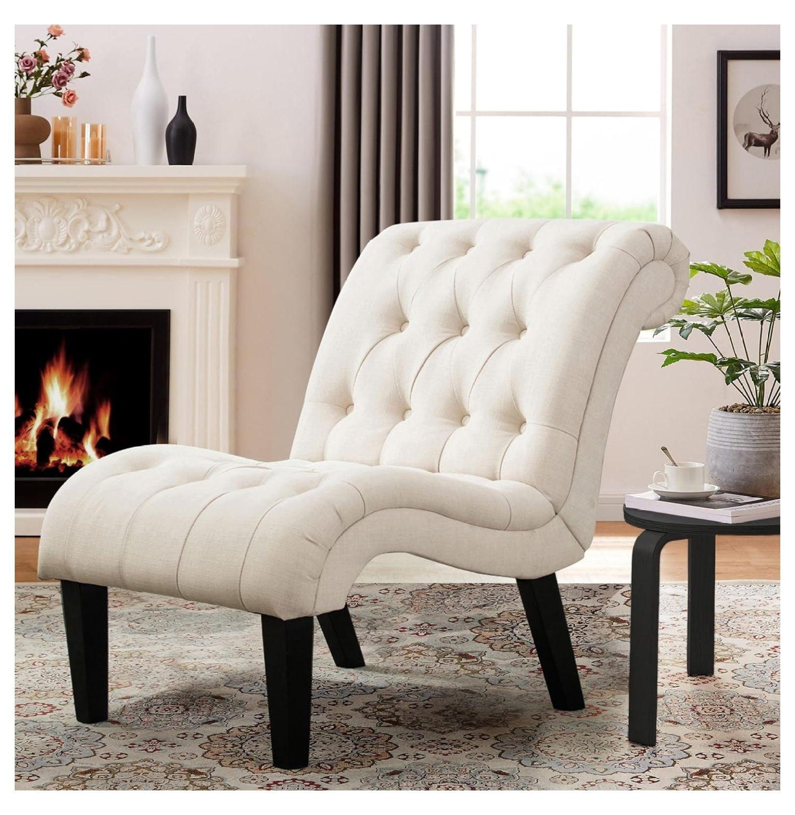 Cream Tufted Linen Upholstered Lounge Chair with Wood Legs