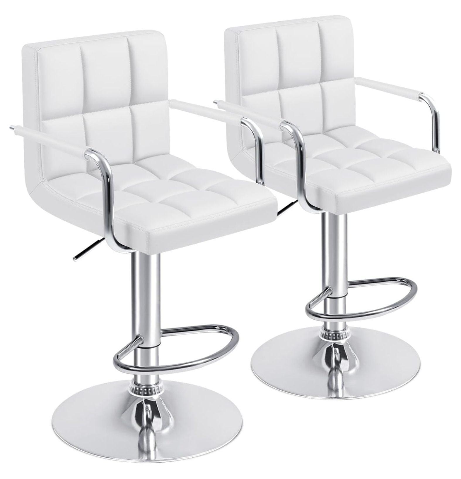 Killeryuki Bar Stools with Armrest Modern PU Leather Swivel Adjustable Hydraulic Bar Stool X-Large Base and Seat Square Counter Height Stool Set of 2 (White)