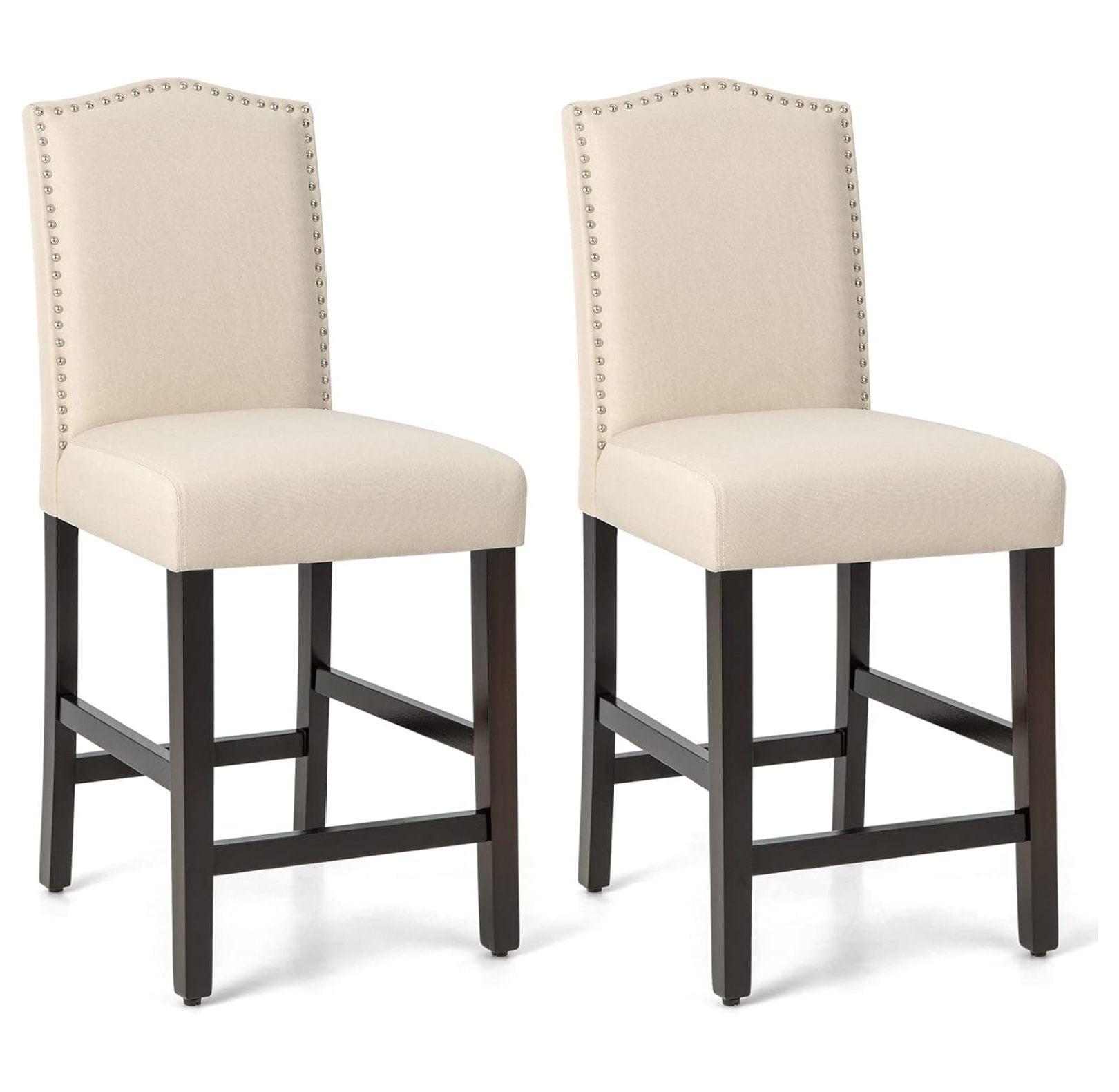 Costway Set of 2 Fabric Barstools Nail Head Trim Counter Height Dining Side Chairs Grey/Beige